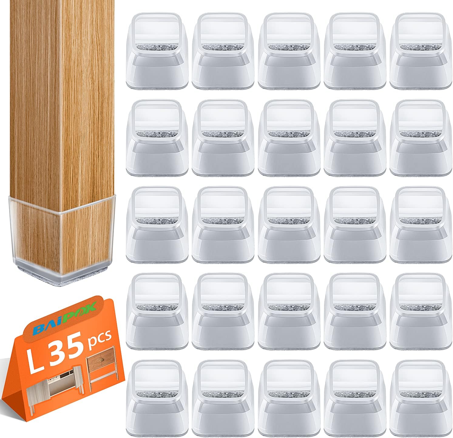 35pcs Chair Leg Floor Protectors Square, Silicone Chair Leg Caps with Felt Pads,...