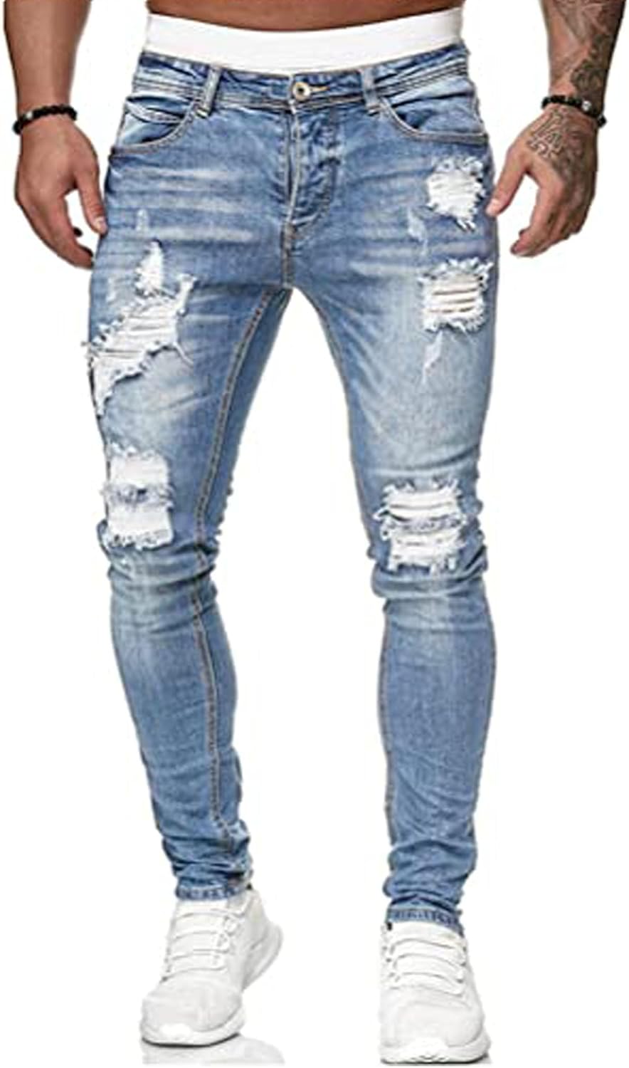 HUNGSON Men's Blue Slim Fit Jeans Stretch Destroyed Ripped Skinny Jeans Side Str...