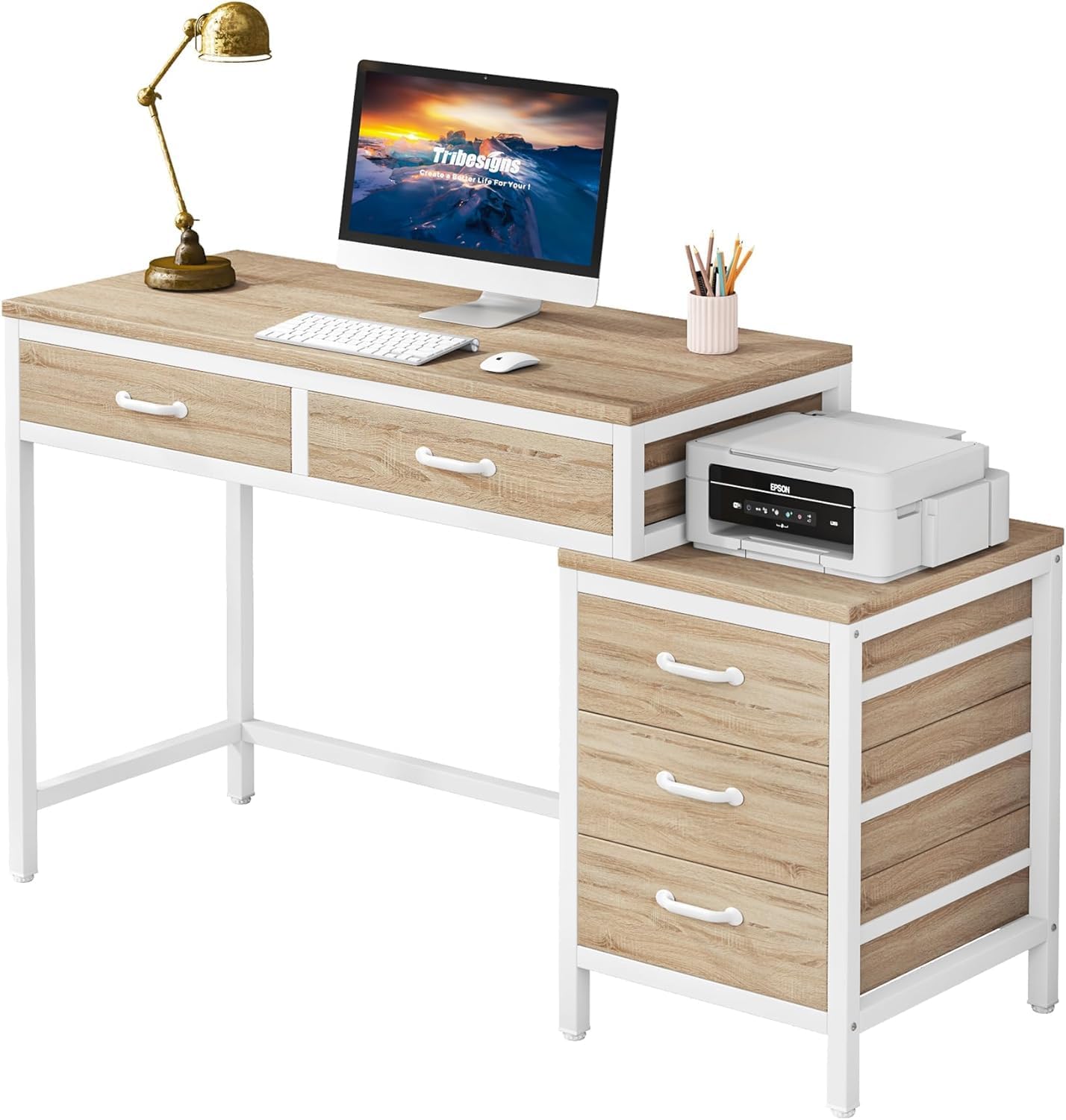 Tribesigns Computer Desk with 5 Drawers, Home Office Desks with Reversible Drawe...