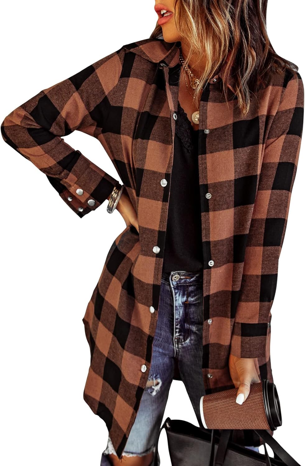 EVALESS Color Block Plaid Shacket Jacket Womens Fa...