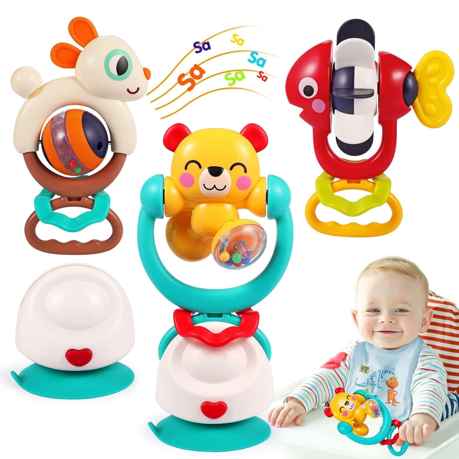 Baby Toys 6-12 Months Infant Toys Set of 3 High Chair Suction Cup Rattle Teethin...