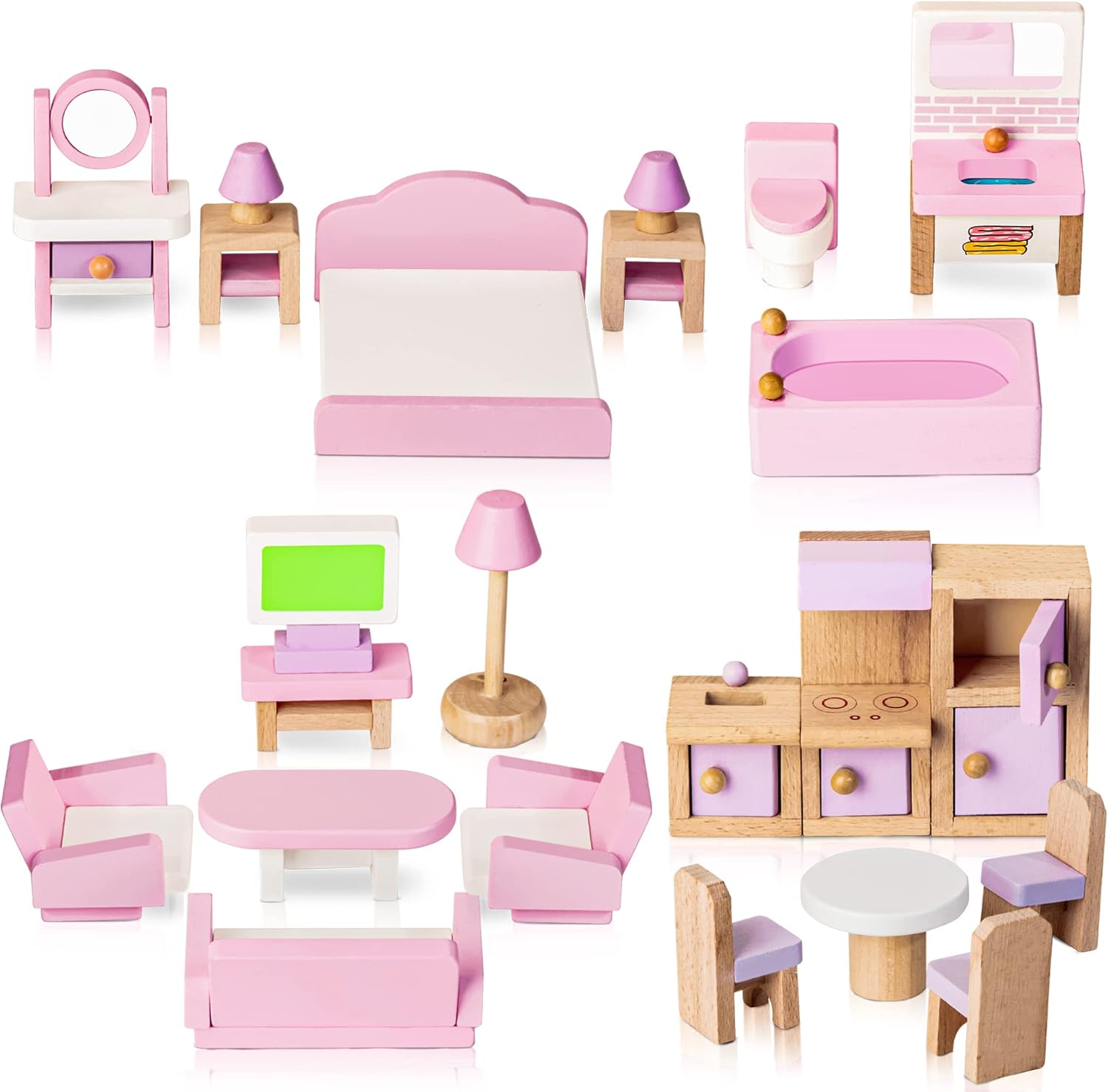 Wooden Dollhouse Furniture Set, 5 Room Kit 22 Piece Miniature Accessories, Inclu...
