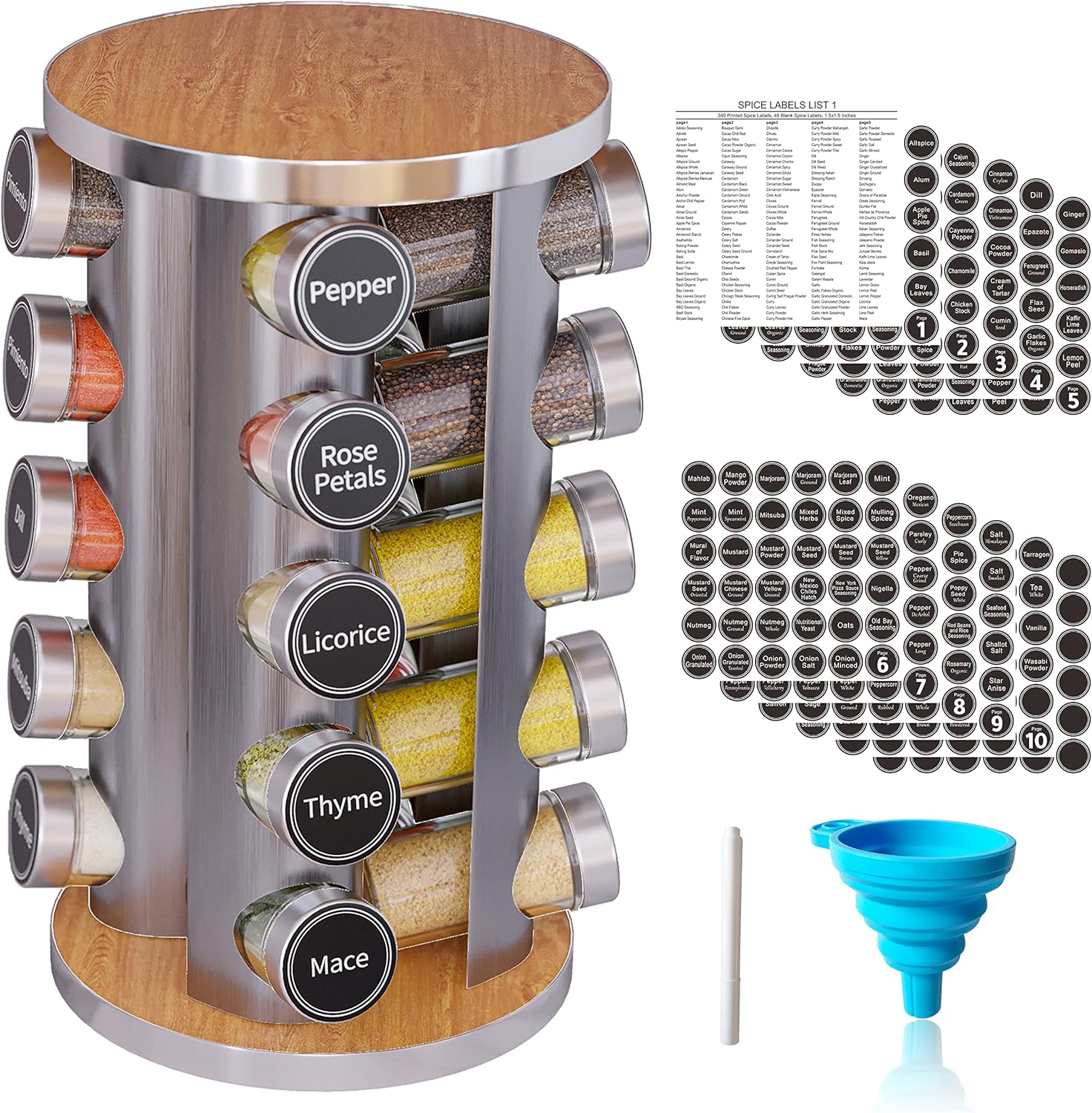 Revolving Spice Rack Set with 20 Spice Jars, Kitchen Spice Tower Organizer for C...