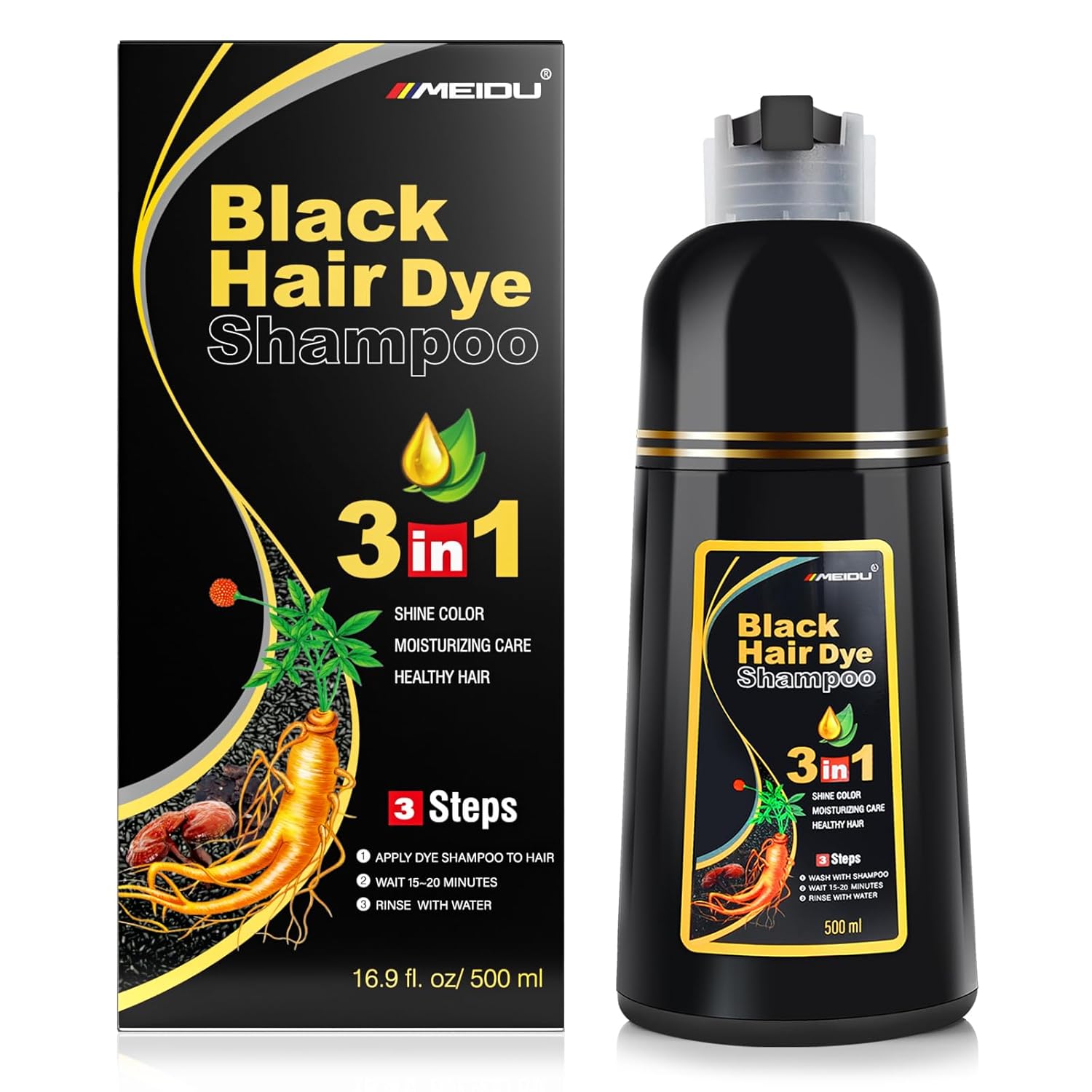 KINGMING Black Hair Dye Shampoo for Gray Coverage - 3 in 1 Herbal Instant color...
