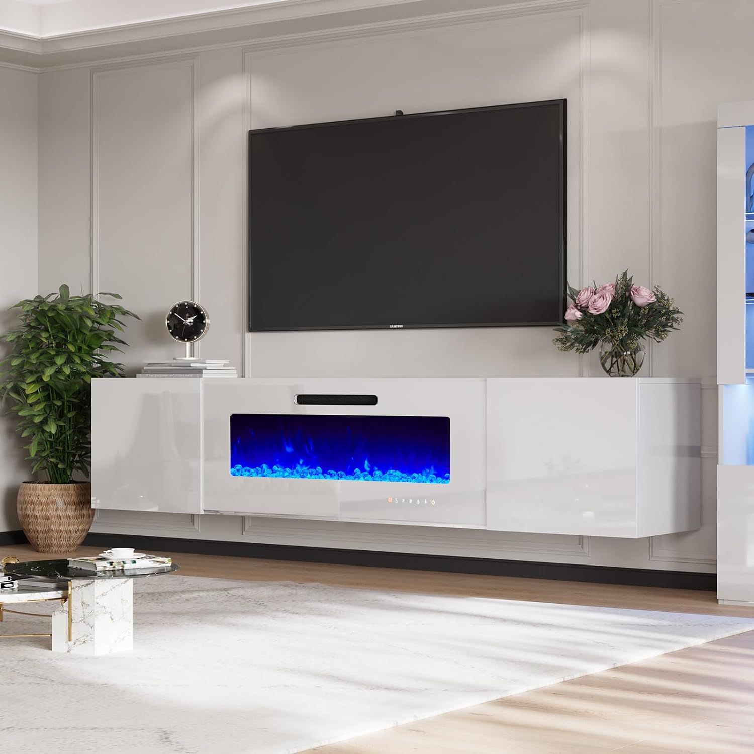 AMERLIFE Floating Fireplace TV Stand, Wall Mounted...