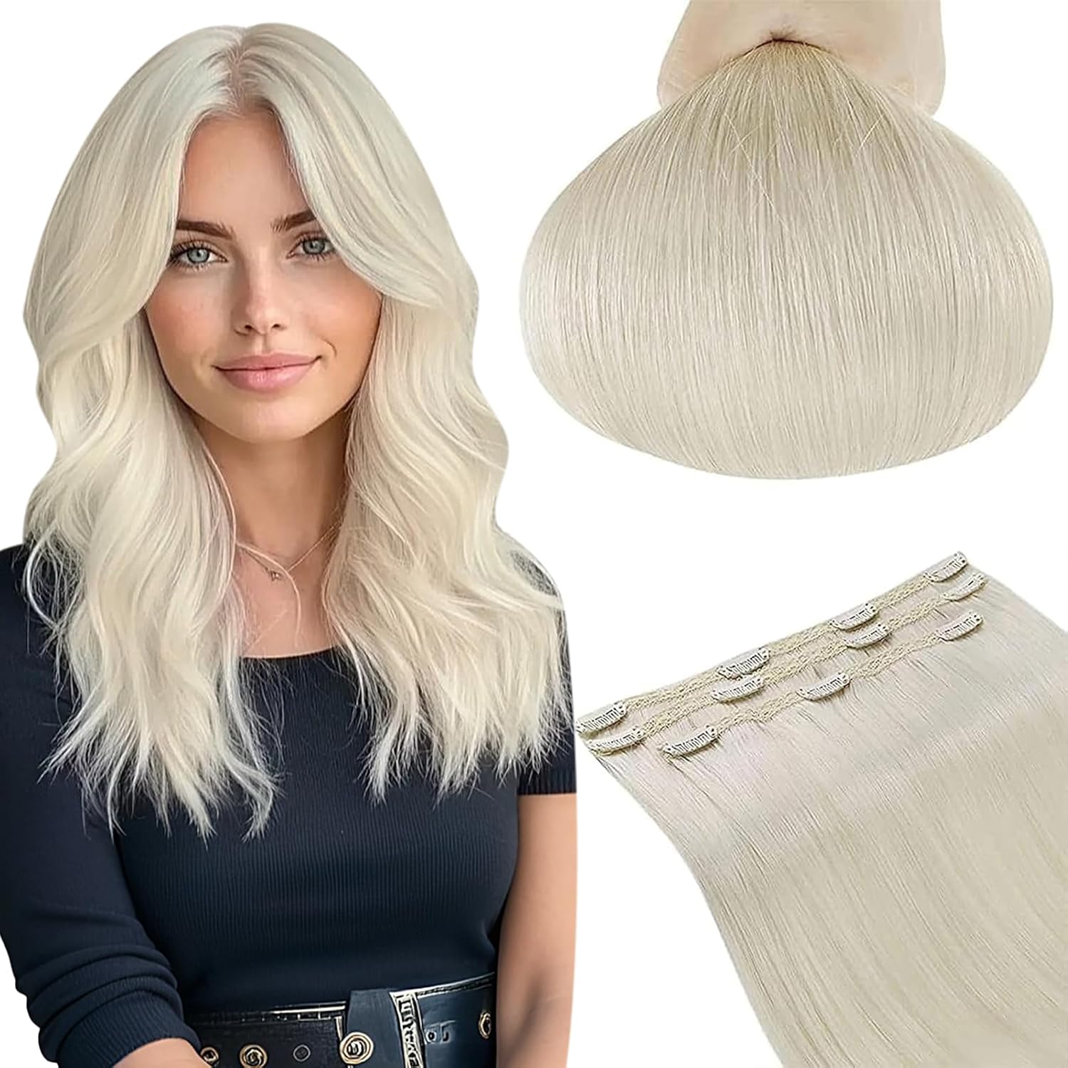 RUNATURE Clip in Hair Extensions Real Human Hair Platinum Blonde Clip in Hair Ex...