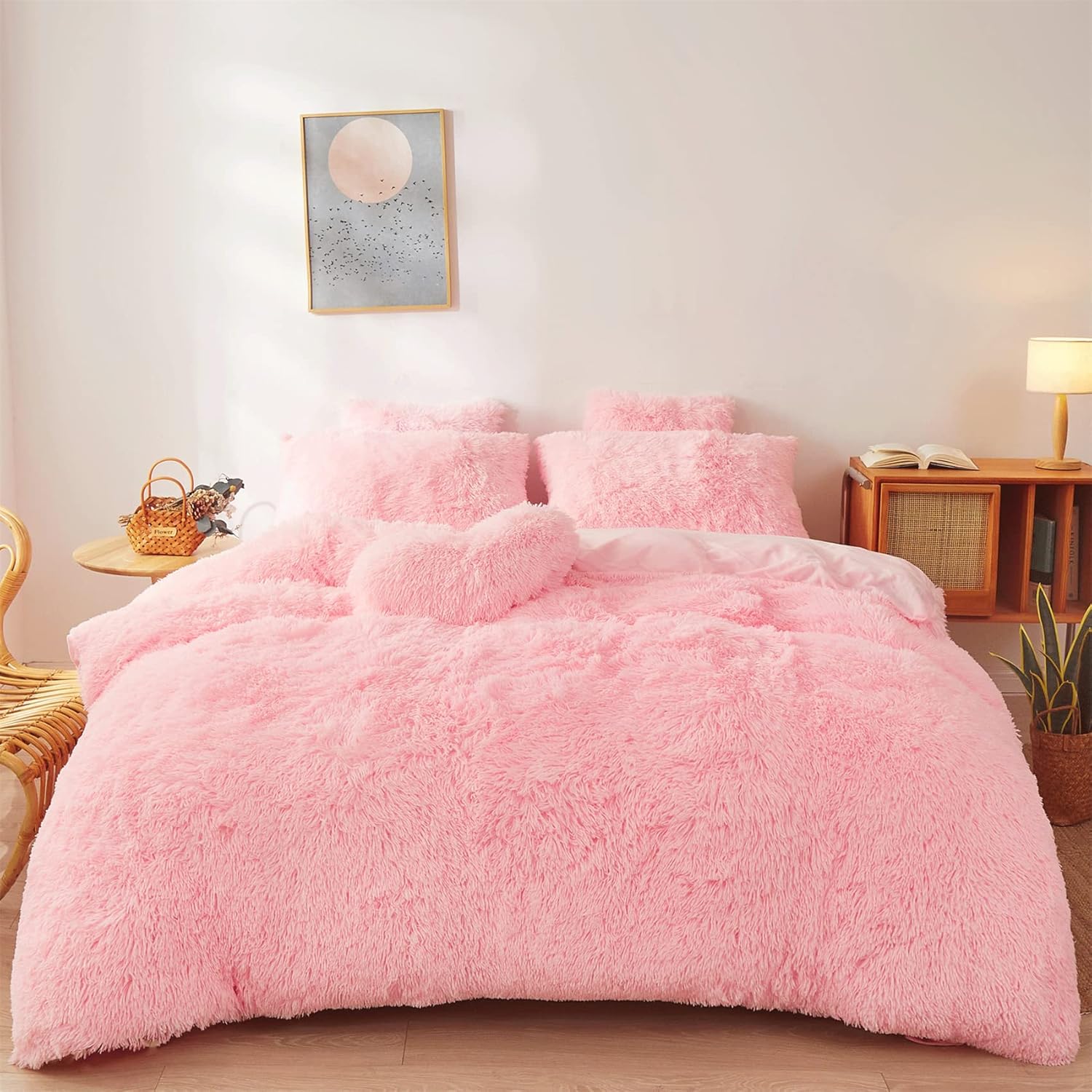 Fluffy Pink Faux Fur Comforter Cover Set - Ultra Soft Plush Bedding, 3 Pieces wi...