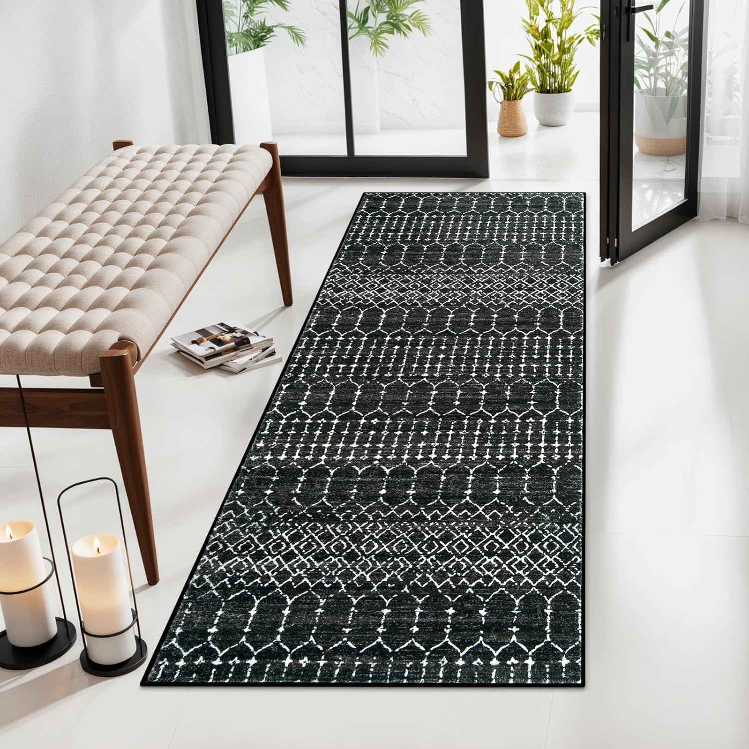 Lahome Moroccan Black Rug Runner - 2x4 Area Rug Non-Slip Low-Pile Washable Entry...