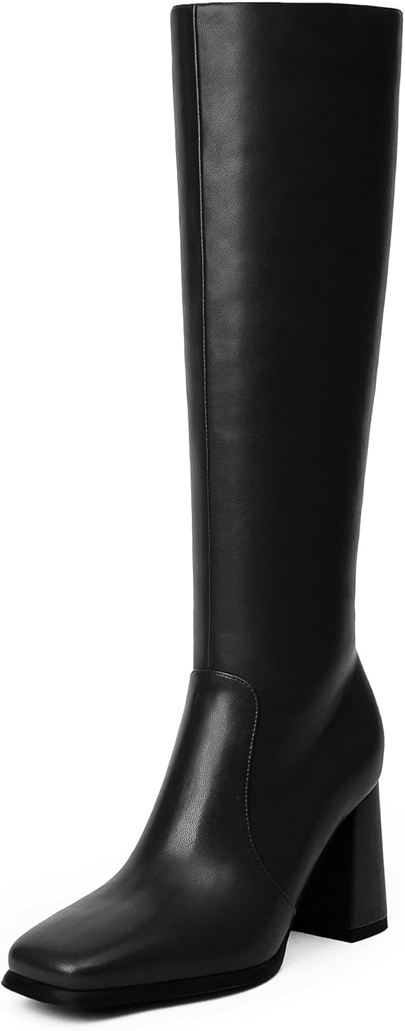 Knee High Boots Women Chunky Heel Square Toe Tall Boots Women Heeled Size Zipper...