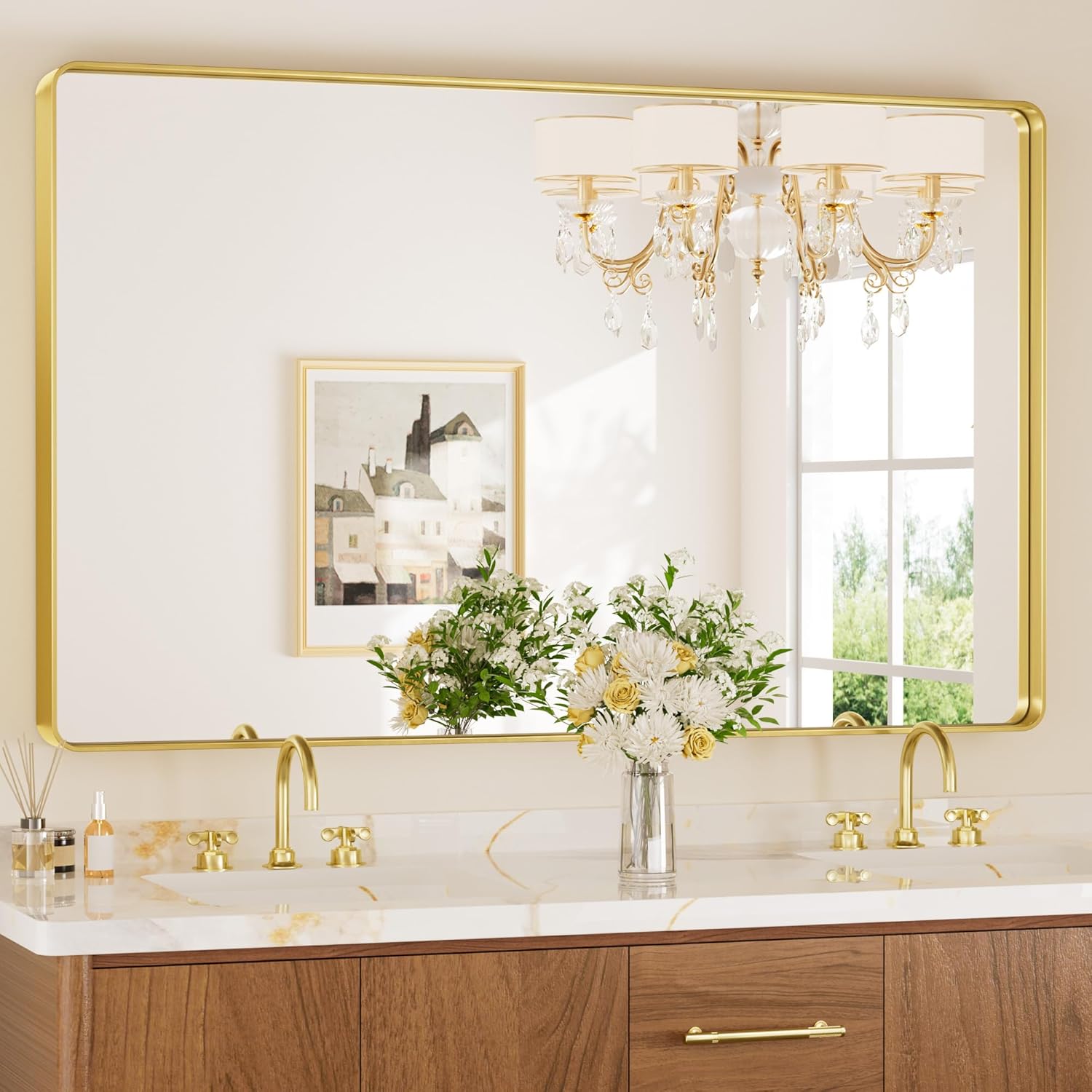 Keonjinn Brushed Gold Bathroom Mirror 48 x 30 Inch Large Rounded Rectangle Vanit...