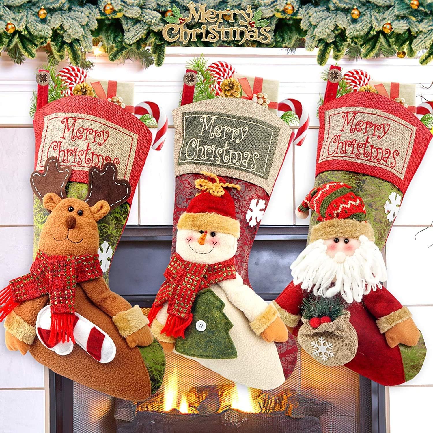 COOLWUFAN Christmas Stockings, 3 Pack 18" Personalized Xmas Stockings with 3D Sn...