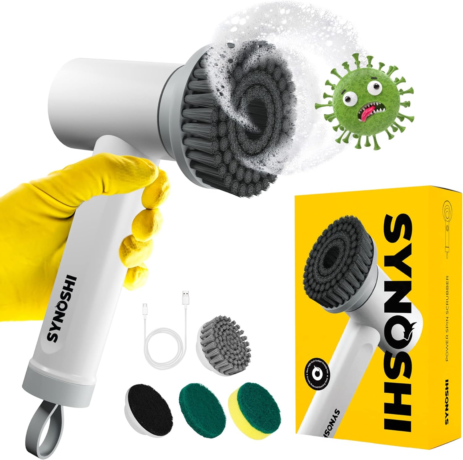 Synoshi Electric Cleaning Brush, Spin Scrubber with 3 Replaceable Heads, 2 Adjus...