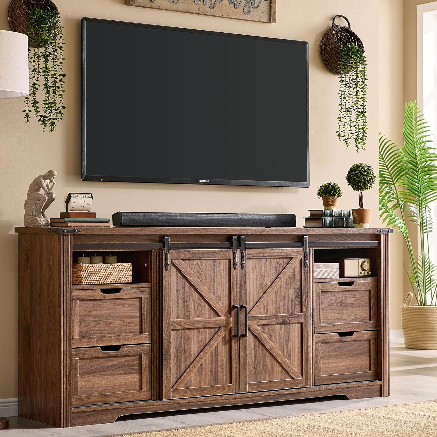 JXQTLINGMU Farmhouse TV Stand for 75+ Inch TV, 32" Tall Entertainment Center w/4...