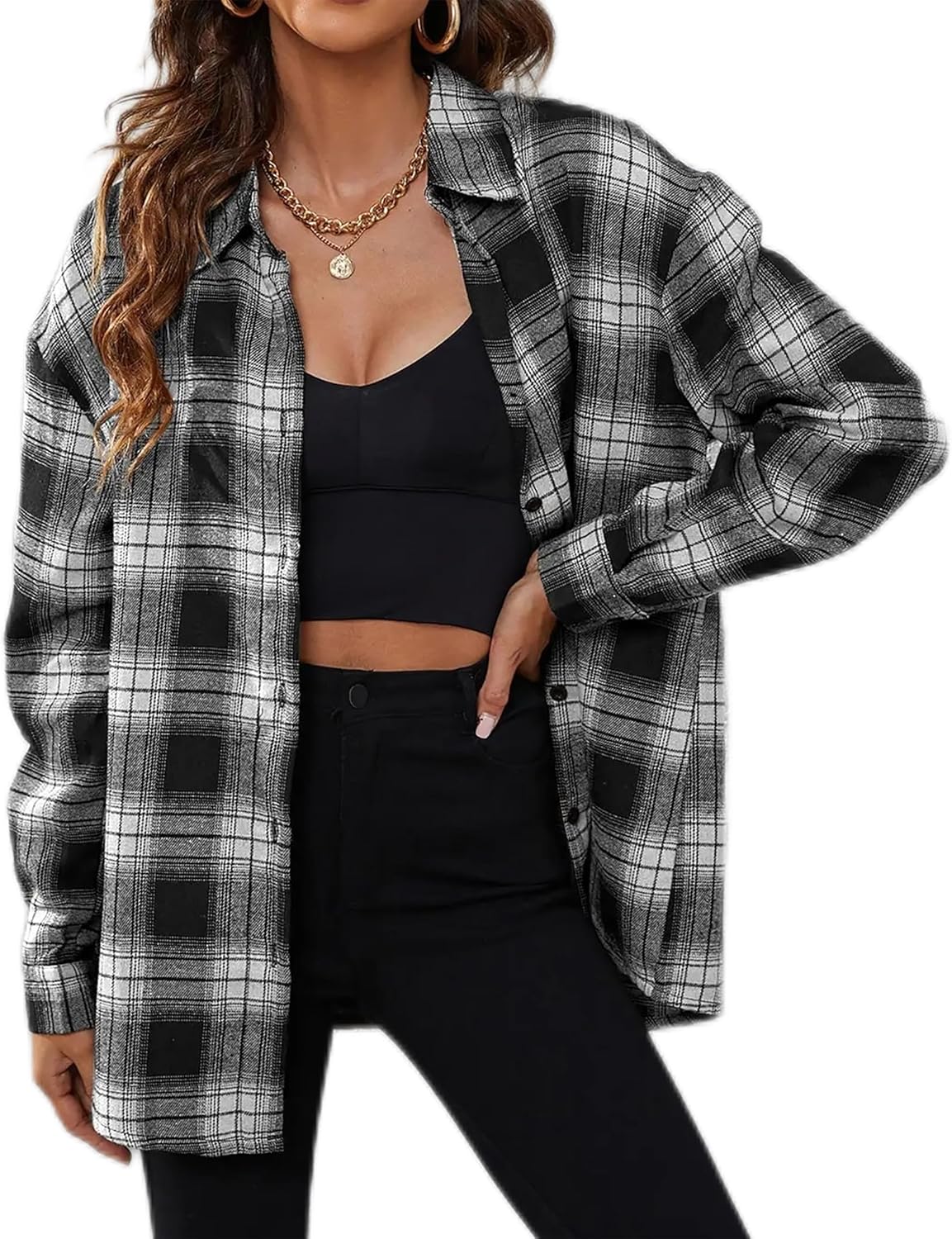 Oyamiki Womens Casual Cuffed Long Sleeve Boyfriend Button Down Plaid Flannel Shi...
