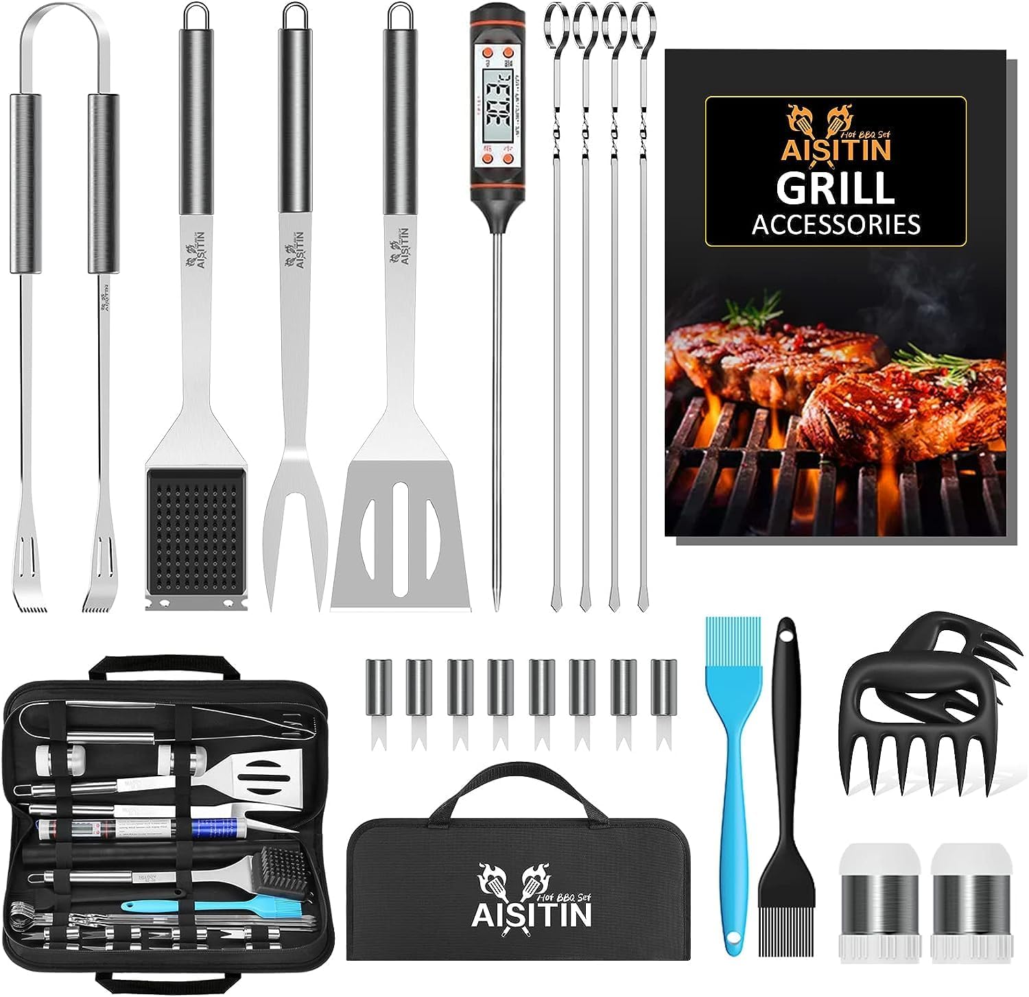 AISITIN BBQ Tools Set 25pcs BBQ Accessories Stainless Steel, Outdoor Party Profe...
