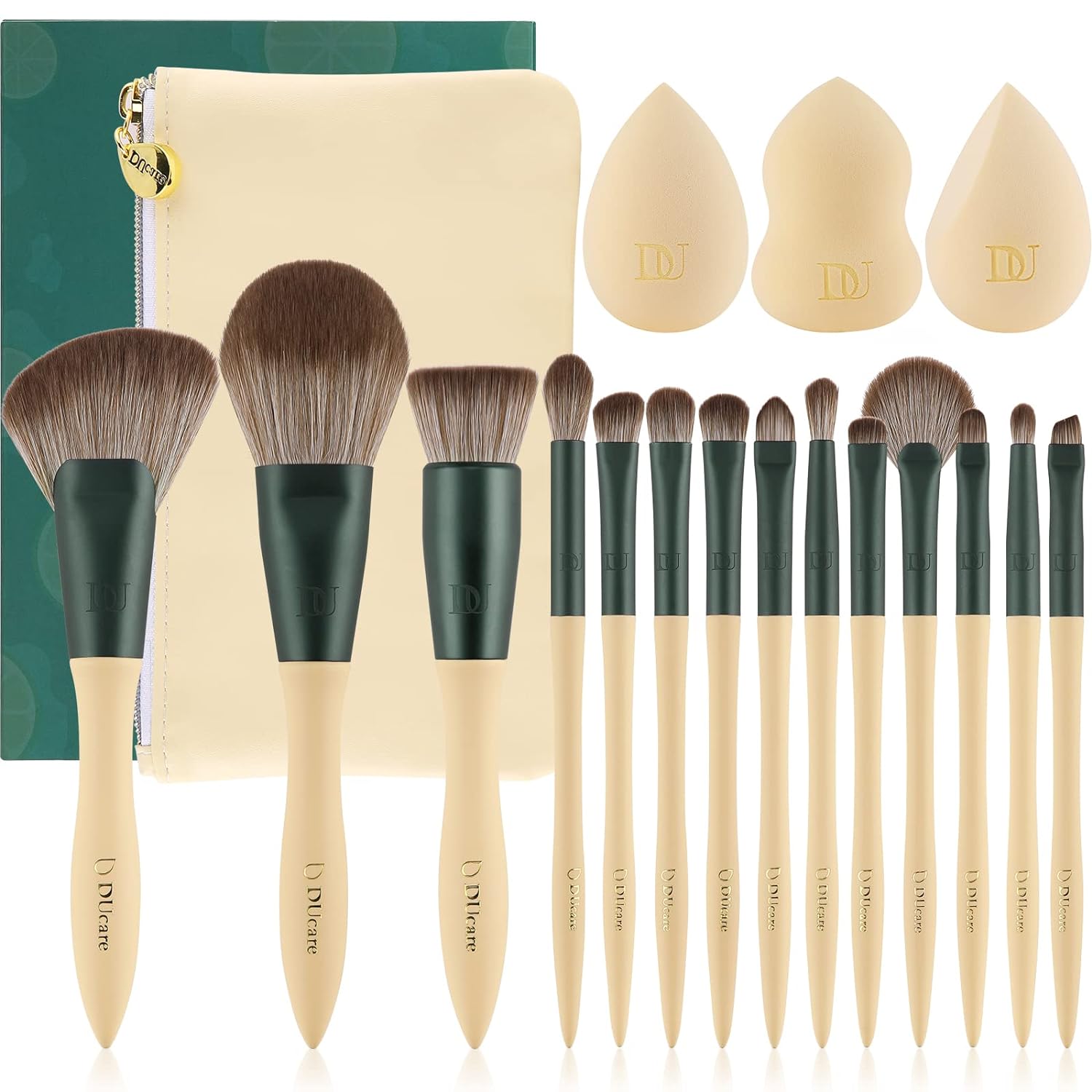DUcare Makeup Brushes 14Pcs with 3Pcs Makeup Spong & Cosmetic Bag - Lime Mojito...