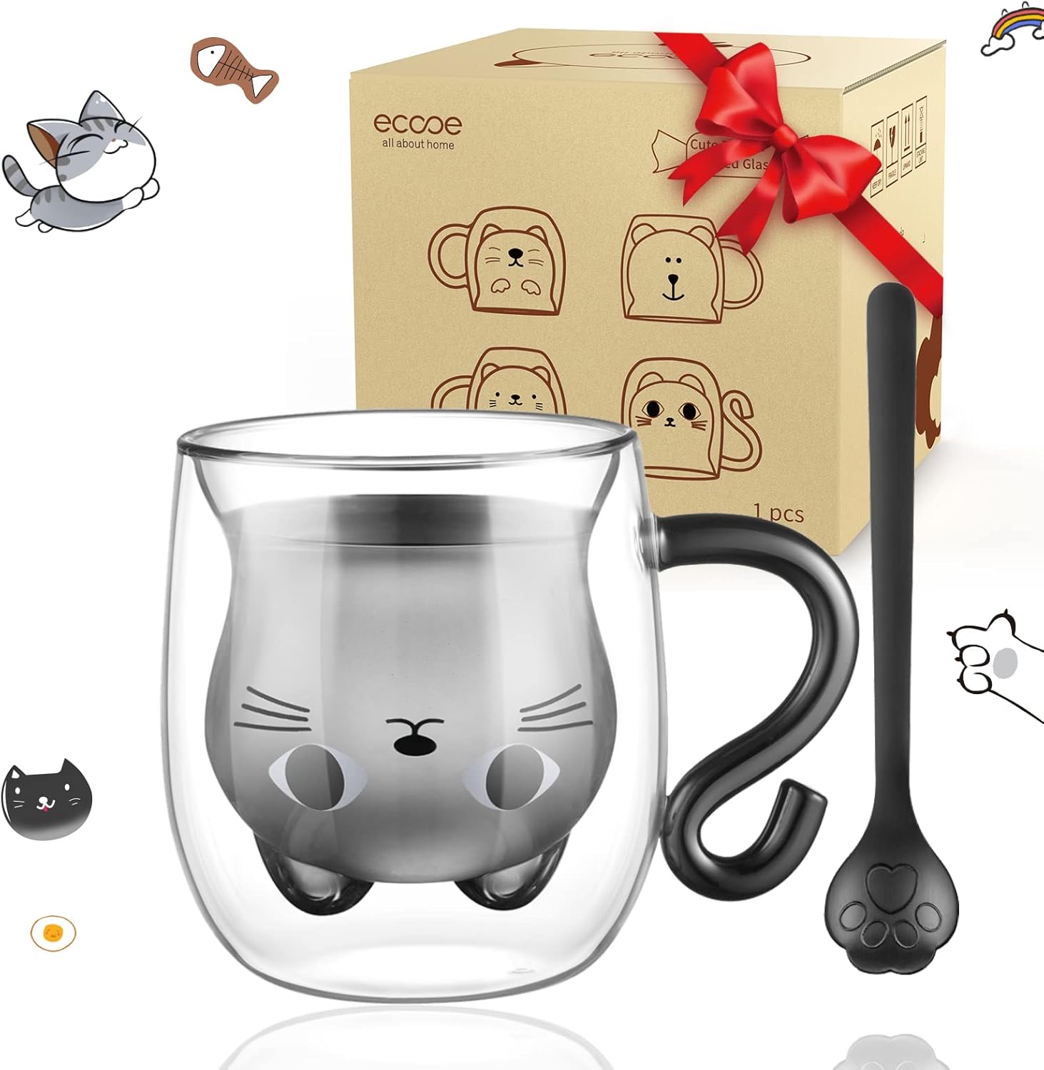 ecooe Cute Cat Mug Double Walled Glass Mug 290ml Coffee Cup Cappuccino Latte Gla...