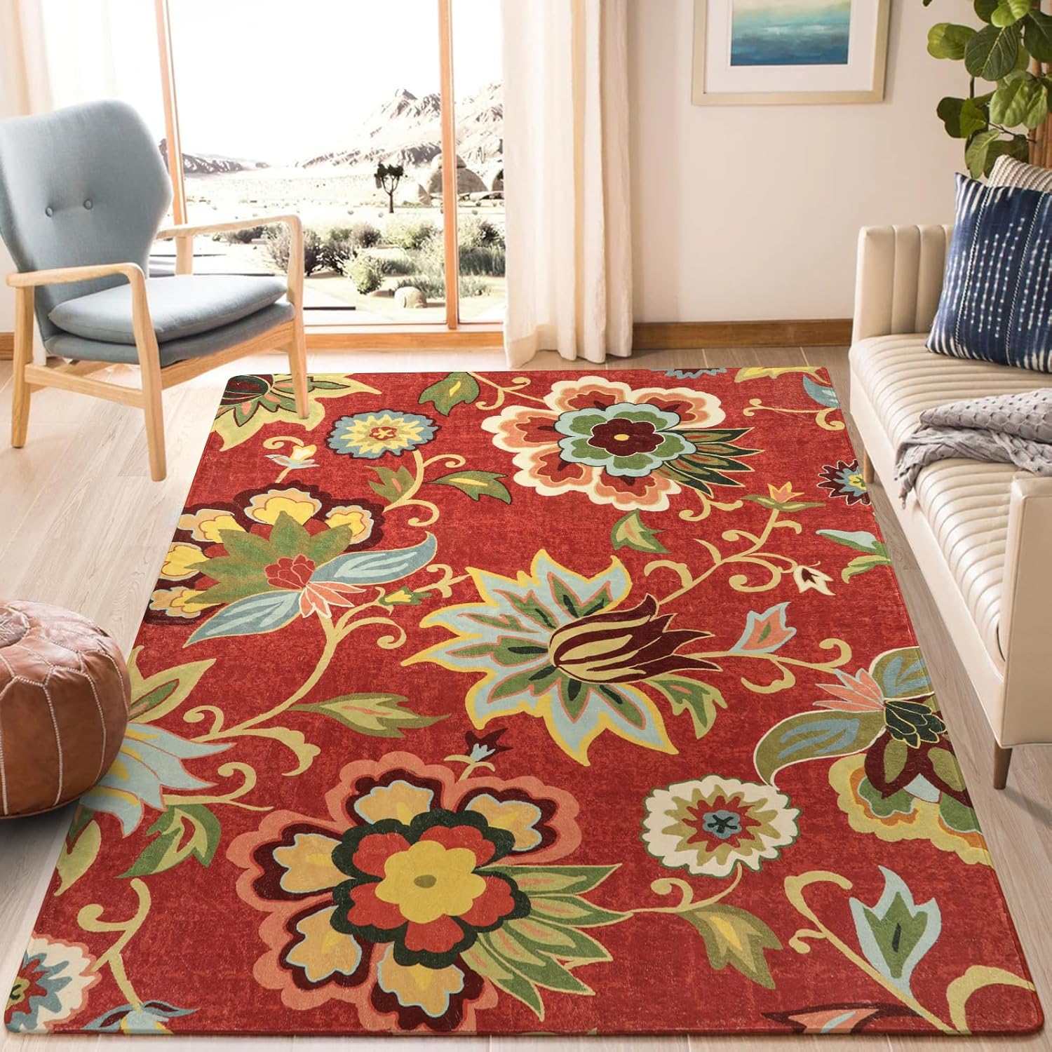 Lahome Floral Carpets for Living Room - Washable Rugs 5x7 Non-Slip Lightweight S...