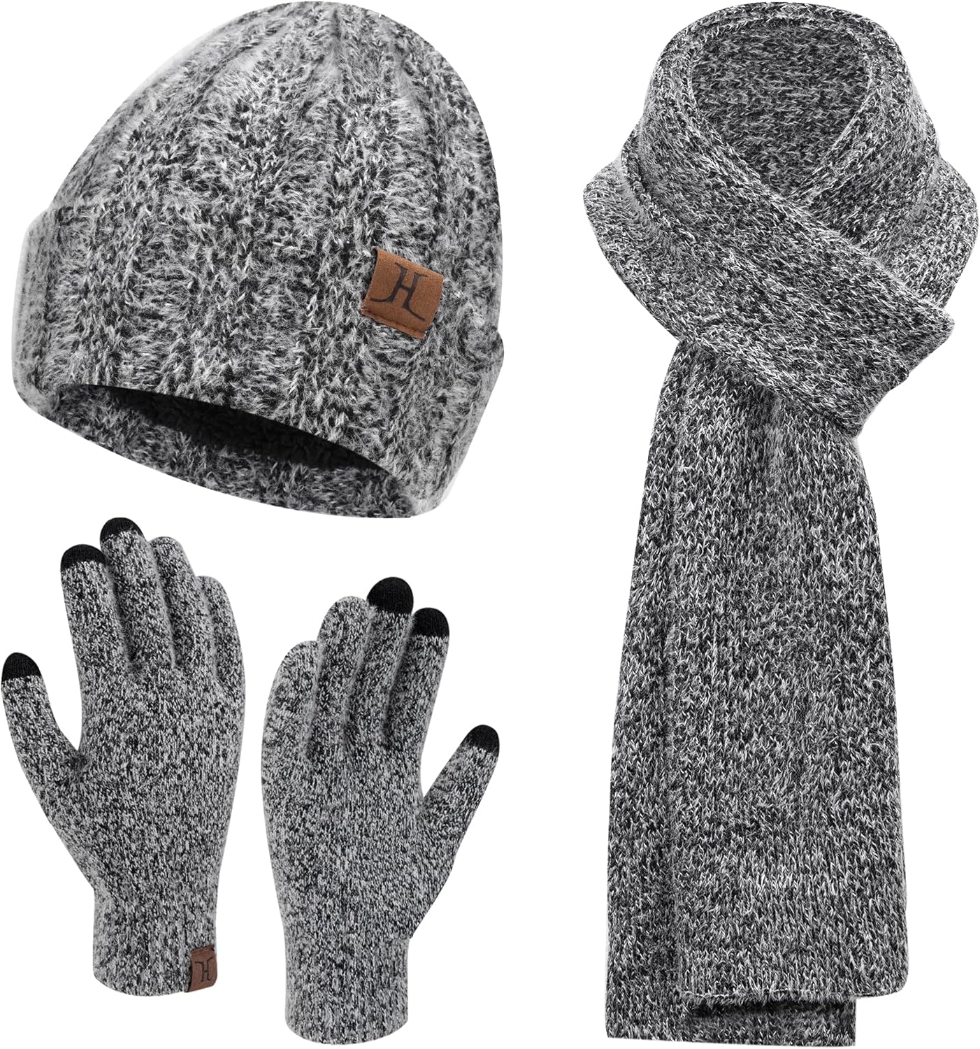 Womens Winter Warm Knit Beanie Hat Touchscreen Gloves Long Neck Scarf Set with F...