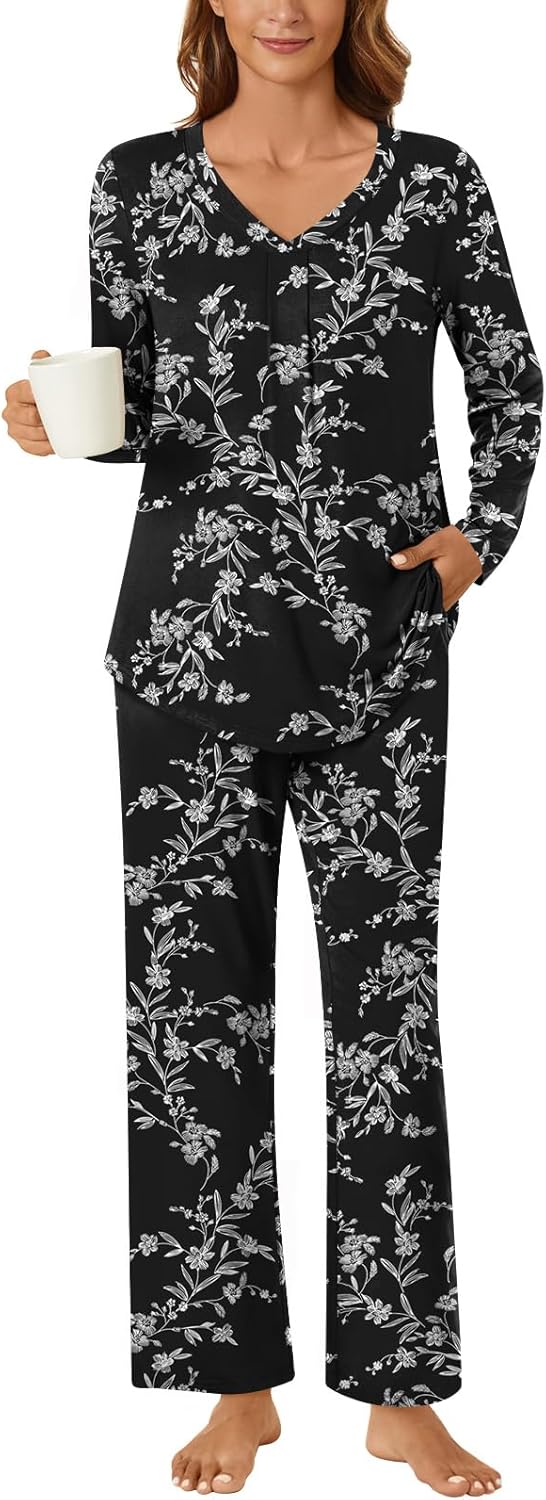 Bestbee Women's Pajama Set, 2 Piece Lounge Outfits V Neck Y2K Sleep Set Fall Lon...