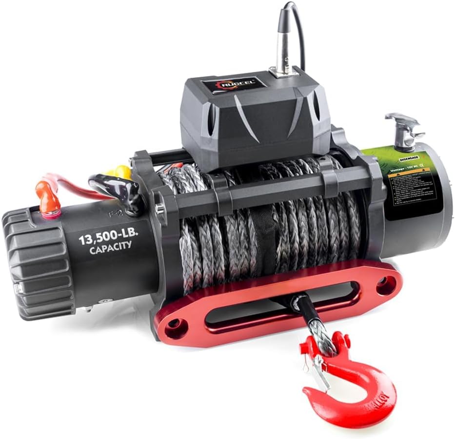 RUGCEL 13500lb Waterproof Electric Black Synthetic Rope Winch with Hawse Fairlea...