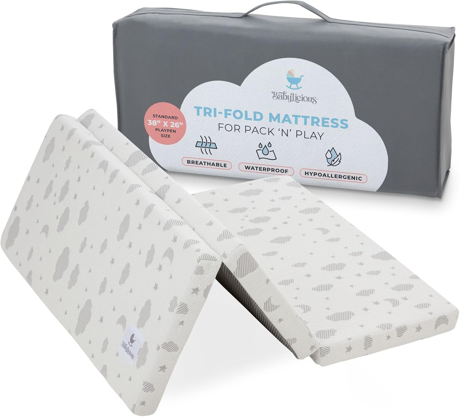 Waterproof Pack and Play Mattress Topper | 38" x 26" x 1.5" | Trifold Style - Br...