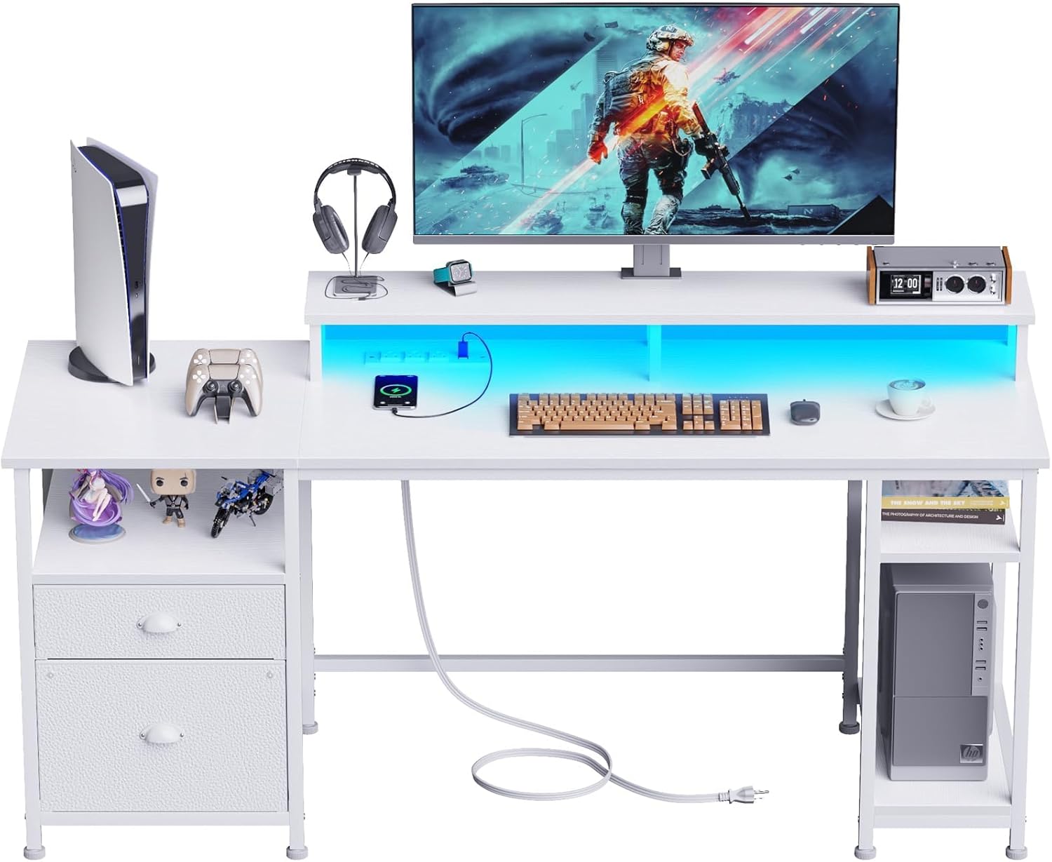 Furologee 61" Desk with LED Light & Power Outlets, Reversible Computer Desk with...