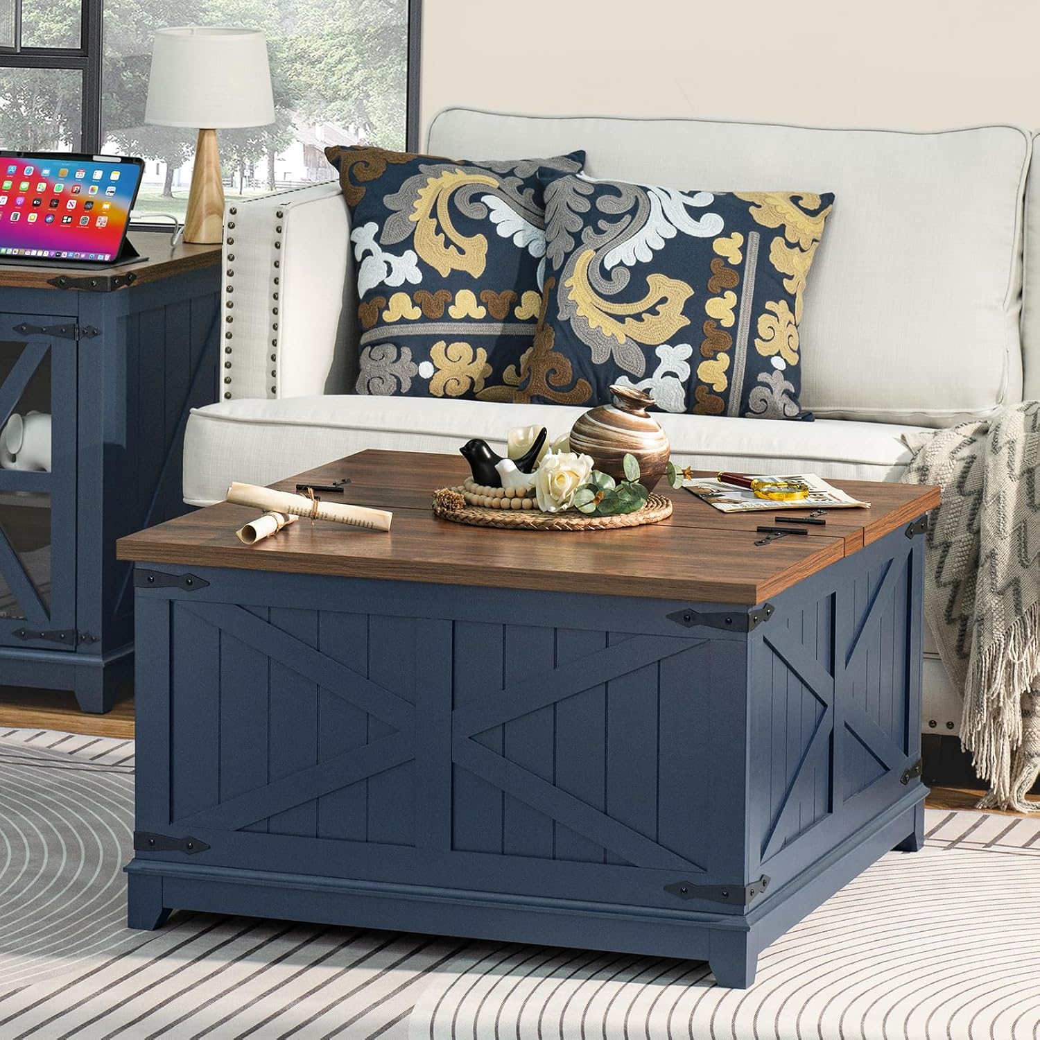 Farmhouse Coffee Table with Hidden Storage Organizer, Modern Square Large Center...