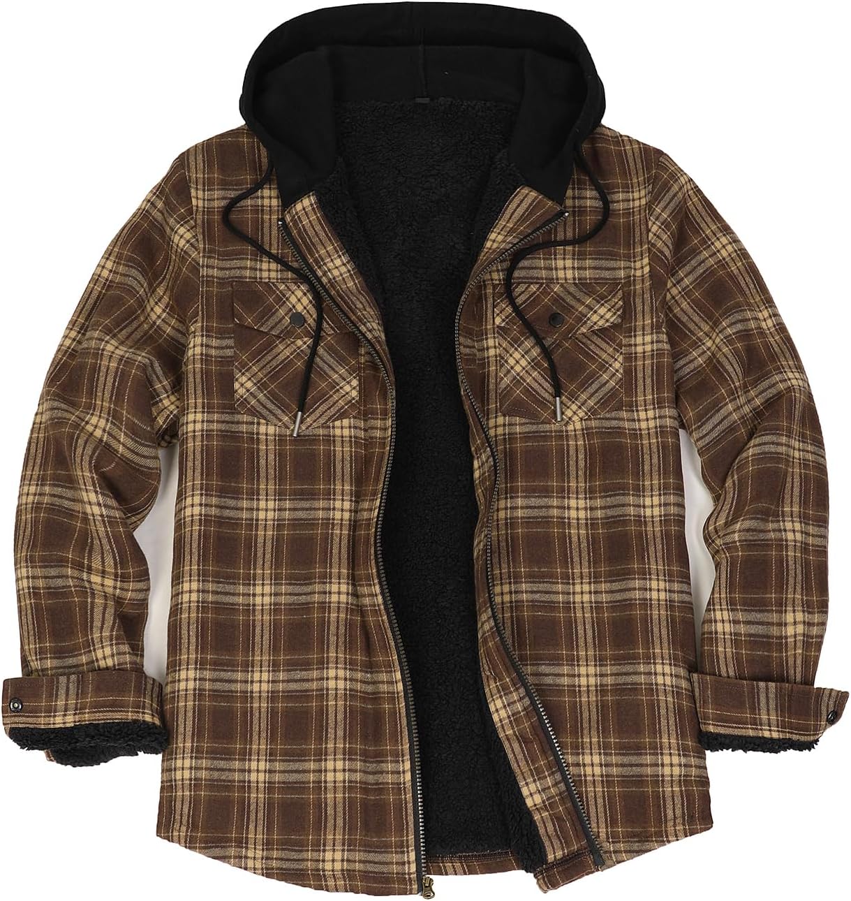 ZENTHACE Men's Sherpa Lined Full Zip Hooded Plaid Shirt Jacket Small Brown