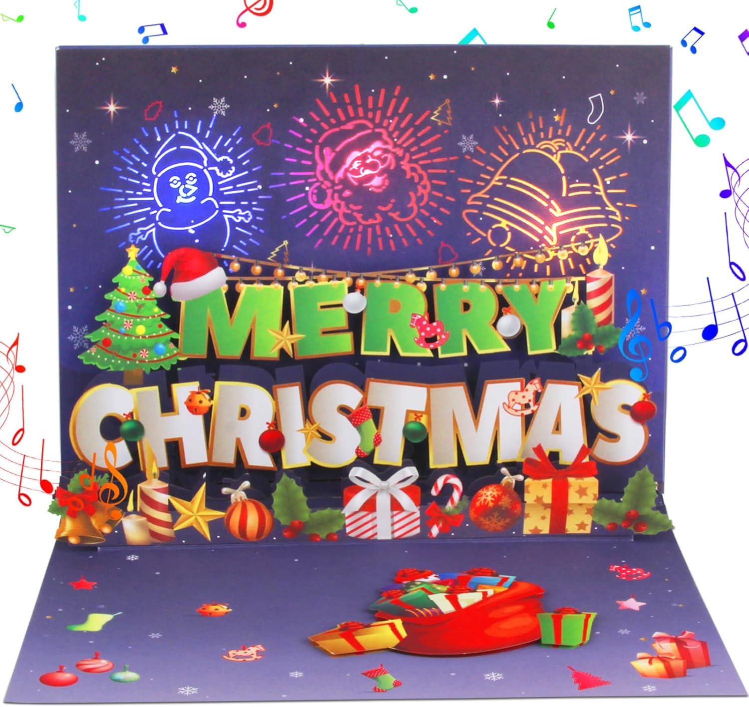 WUJUN Musical Christmas Card, 3D Christmas Pop Up Cards with Lights and Music of...