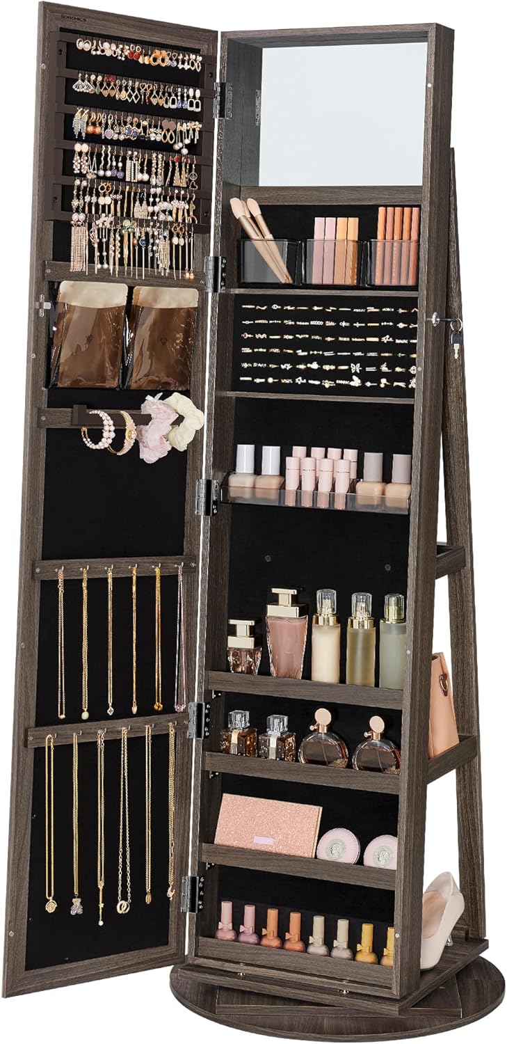 SONGMICS 360° Swivel Jewelry Cabinet, Lockable Jewelry Organizer with Full-Lengt...
