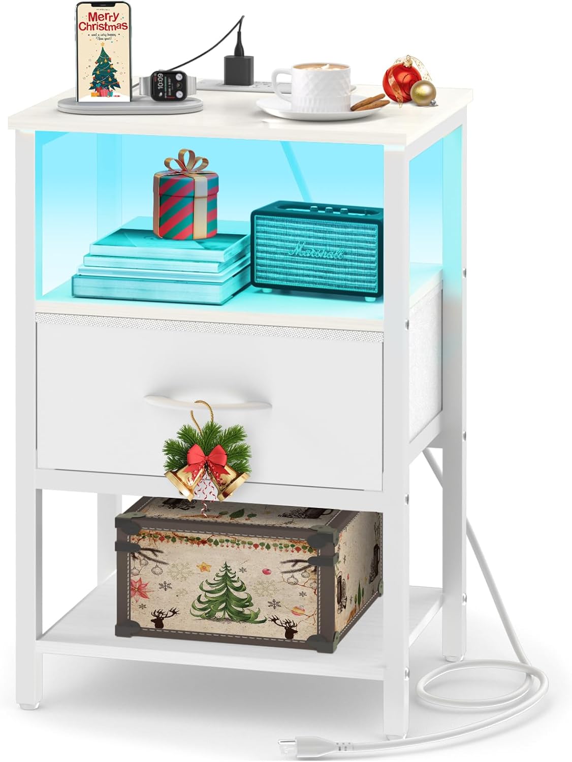 Yoobure White Night Stand with Charging Station, LED Nightstand for Bedroom, Bed...