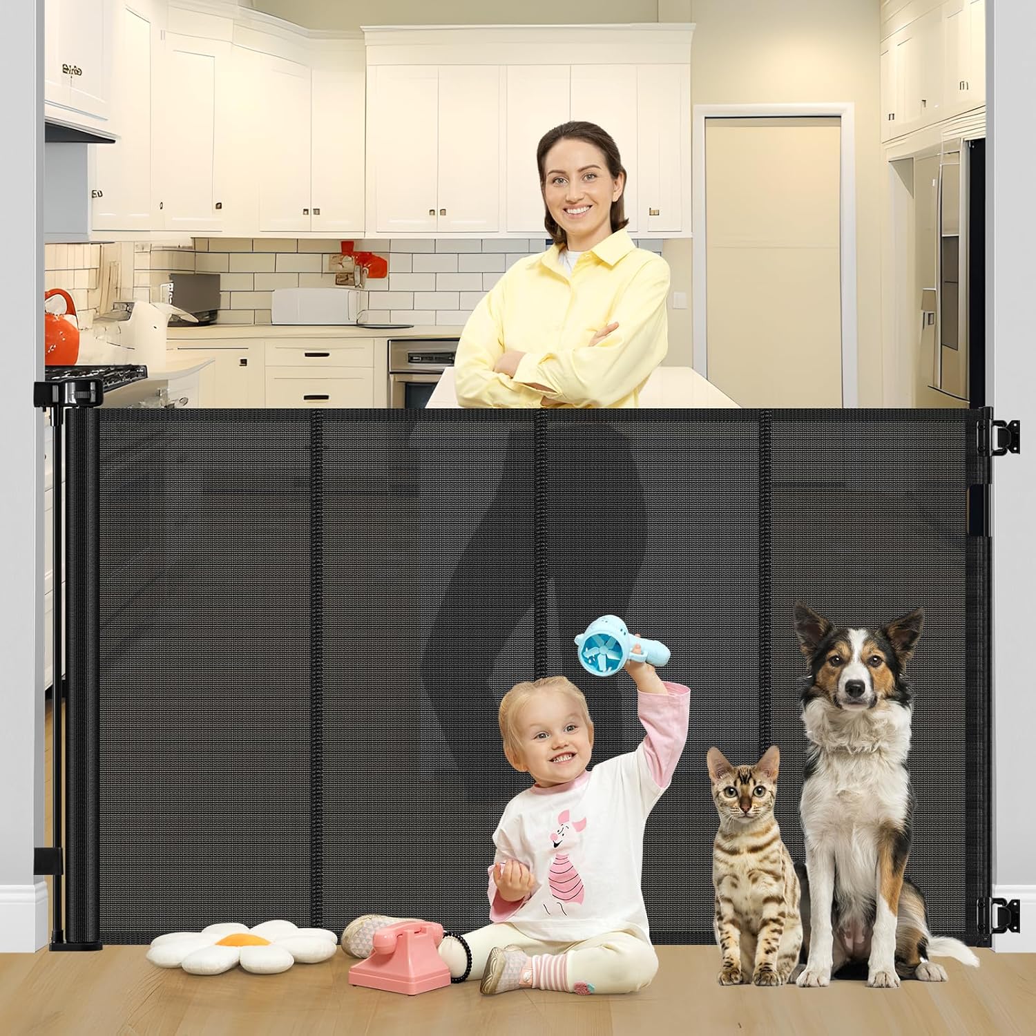 Reinforced 42" Tall X 80" Wide Retractable Dog Gate Extra Tall Baby Gates for Do...