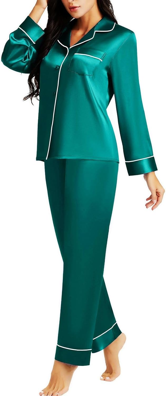 Lonxu Silk Satin Womens Pajama Sets Button Down Sleepwear Loungewear XS~3XL Gree...