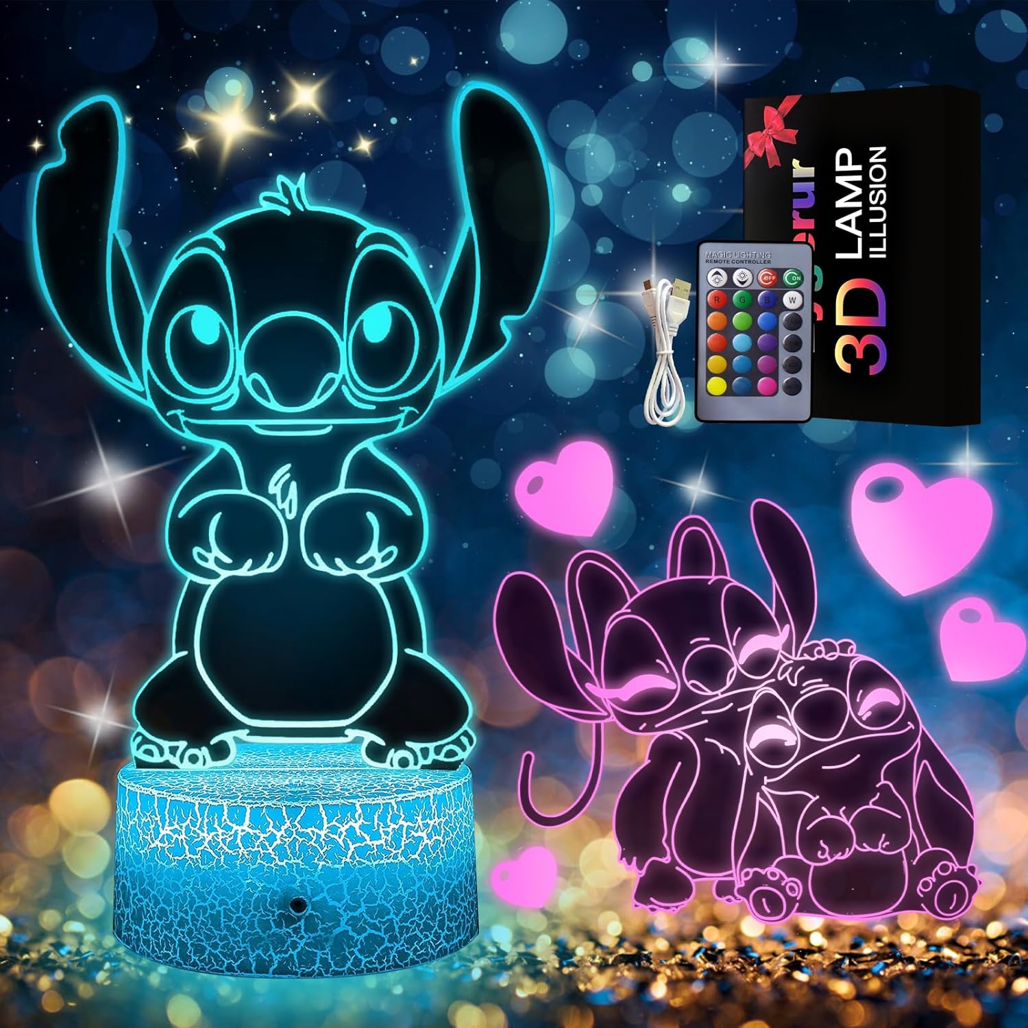 Stitch Gifts for Girls - Stitch Night Light (2 Patterns), 3D LED 16 Color Dimmab...