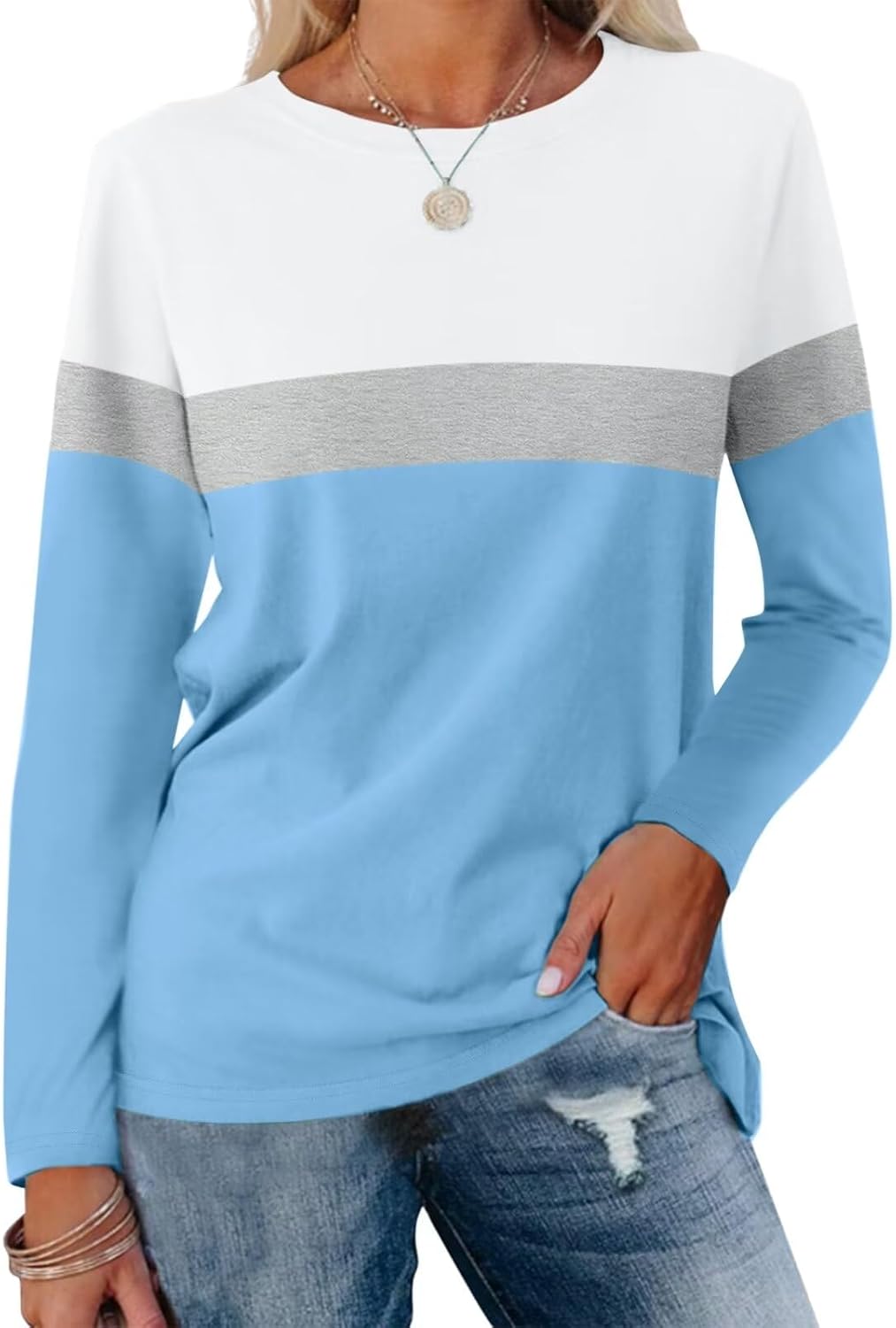 Minetom Women's Color Block Tunic Tops Casual Long Sleeve Shirts Round Neck Pull...