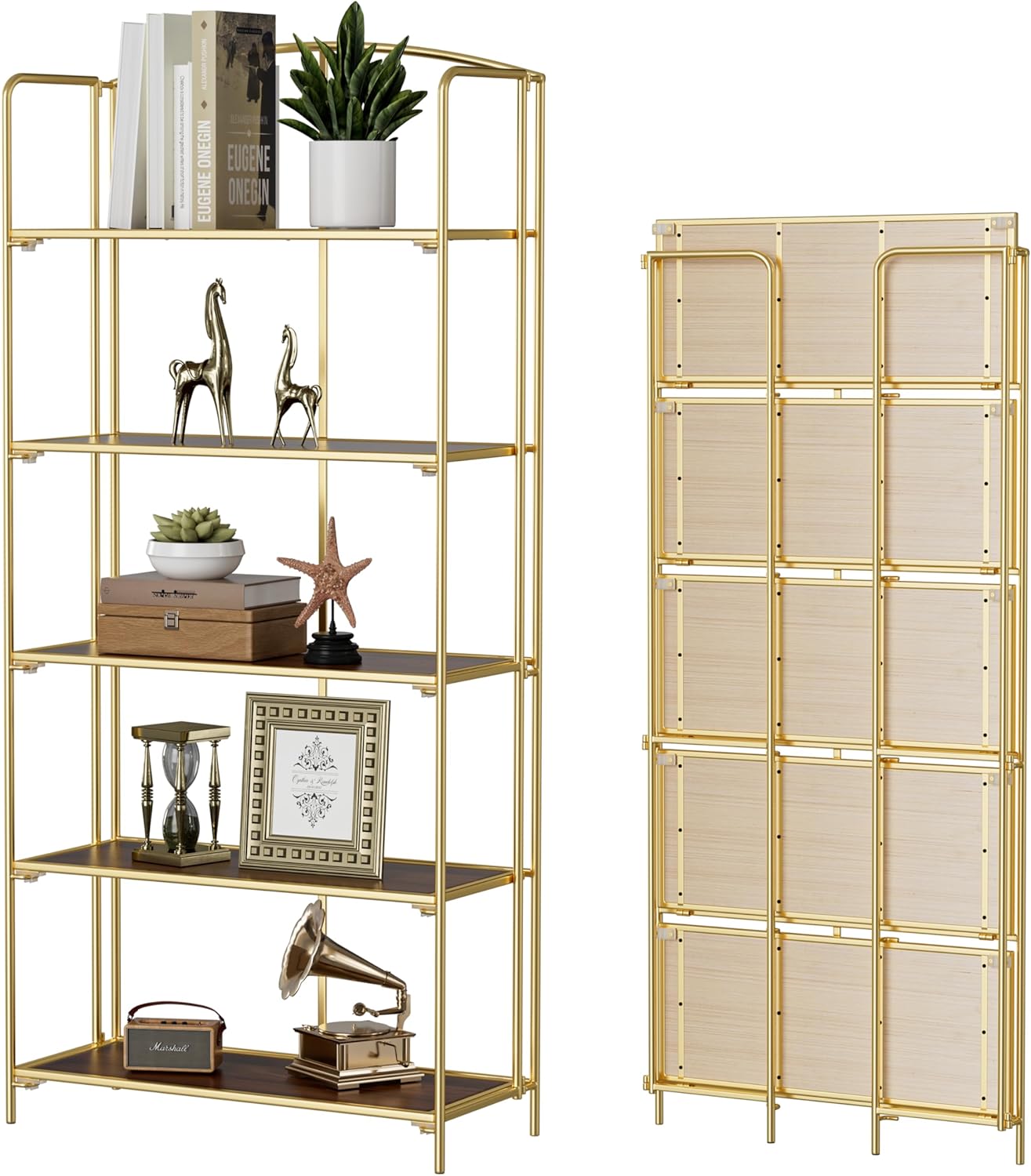 Crofy No Assembly Folding Bookshelf for Living Room, 5 Tier Gold Collapsible Boo...