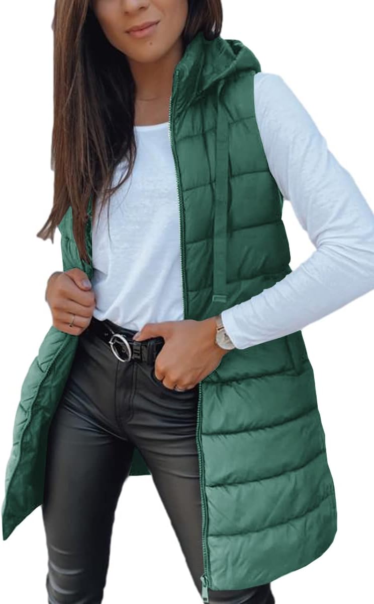 Veatzaer Women Long Vest Solid Color Sleeveless Hood Winter Puffer Vest Outwear...