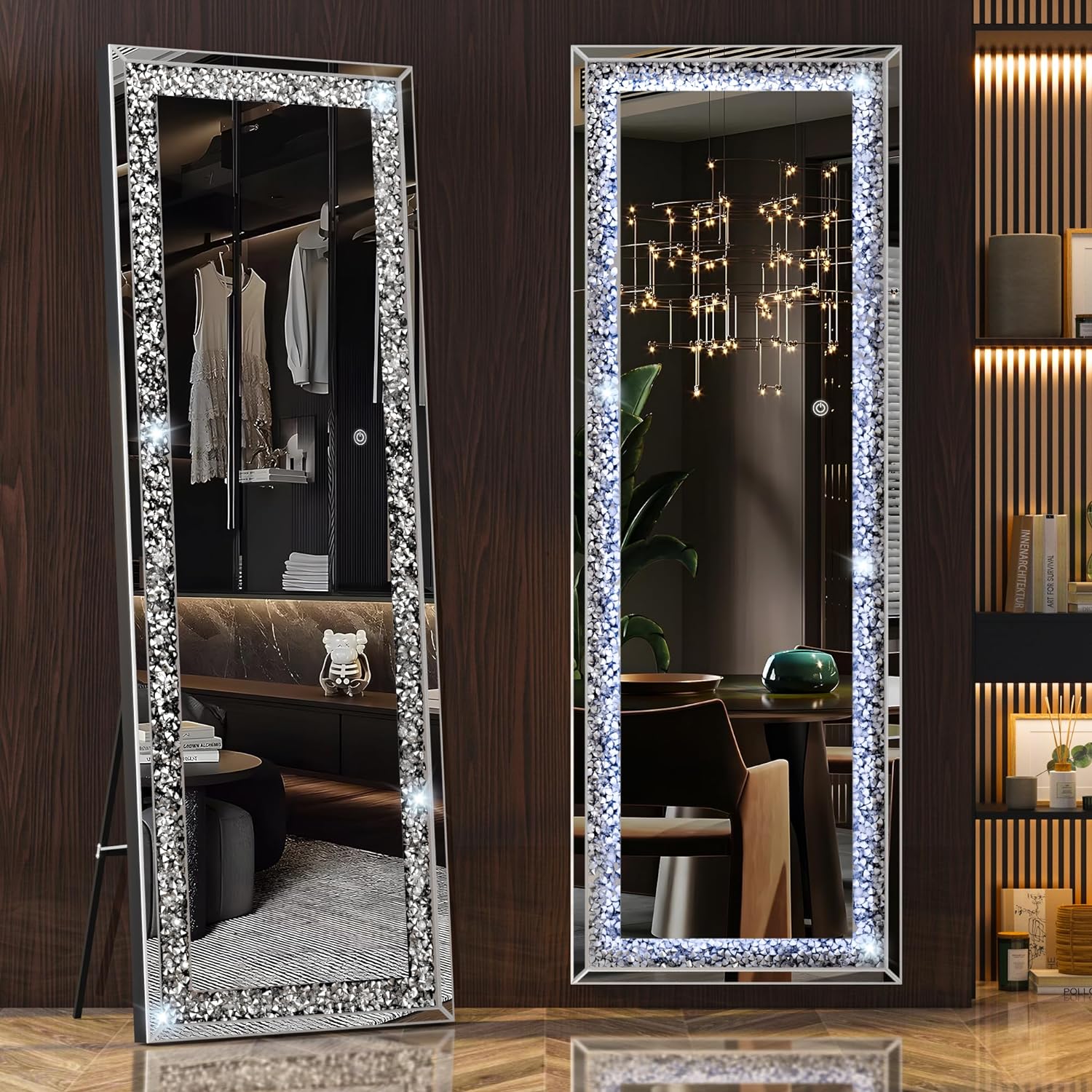 Hasipu Full-Length Mirror 63”×20” with Lights and Crystal Crush Diamond, Wall Mo...