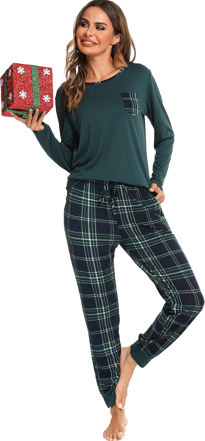 Vlazom Women's Pyjamas Sets V-Neck Soft Long Sleeve Top & Plaid Pant Pjs Set Sle...