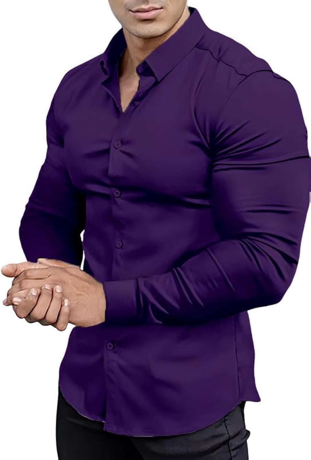 Men’s Muscle Fit Dress Shirts Athletic Slim Fit Long Sleeve Stretch Casual Butto...