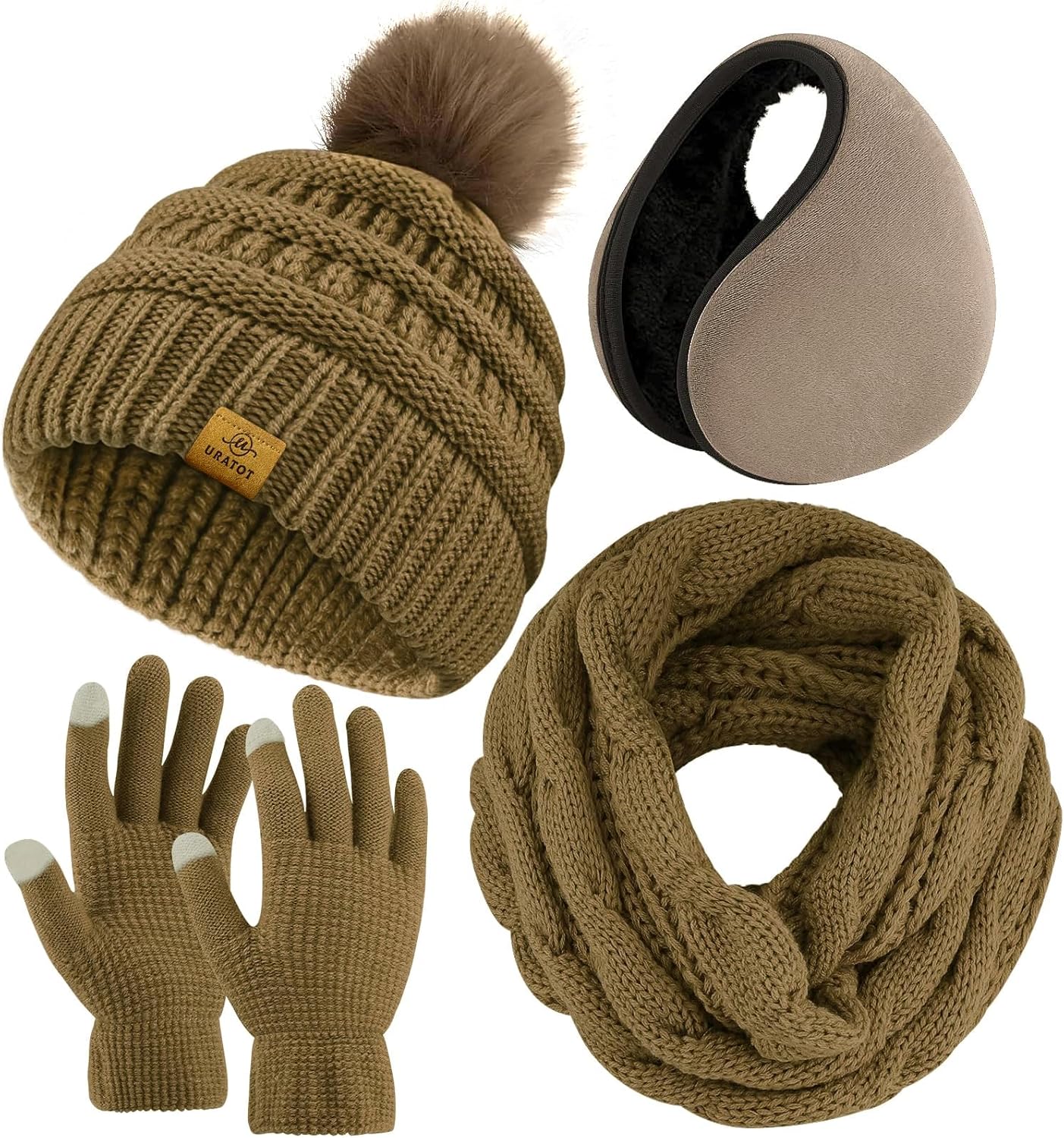 URATOT 4-In-1 Winter Warm Sets Knitted Scarf Touch Screen Gloves Beanie Pompom H...