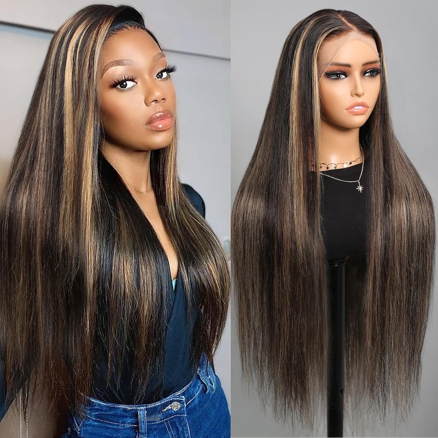 Real Bleached Knots Highlight Lace Front Wigs Human Hair 220% Density Balayage G...