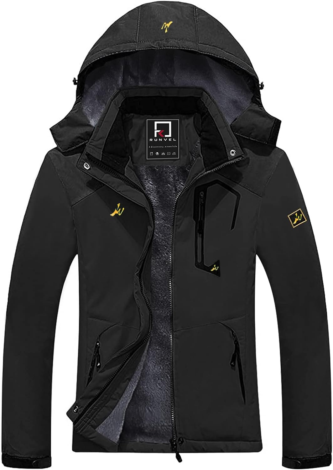 R RUNVEL Womens Waterproof Jacket Winter Warm Fleece Ski Jacket with Hood Windpr...