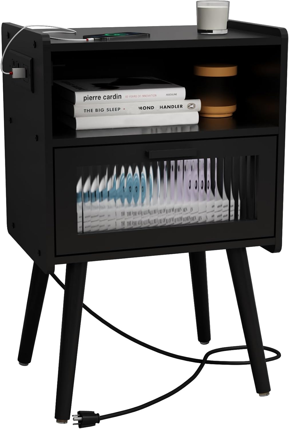 Mid Century Modern Nightstand with Charging Station, Bedside Tables with Glass D...