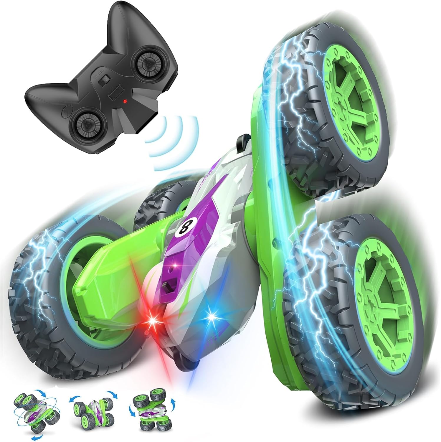 Gralal Remote Control Cars for Kids with LED Lights, 360° Double Side Flips Rc C...