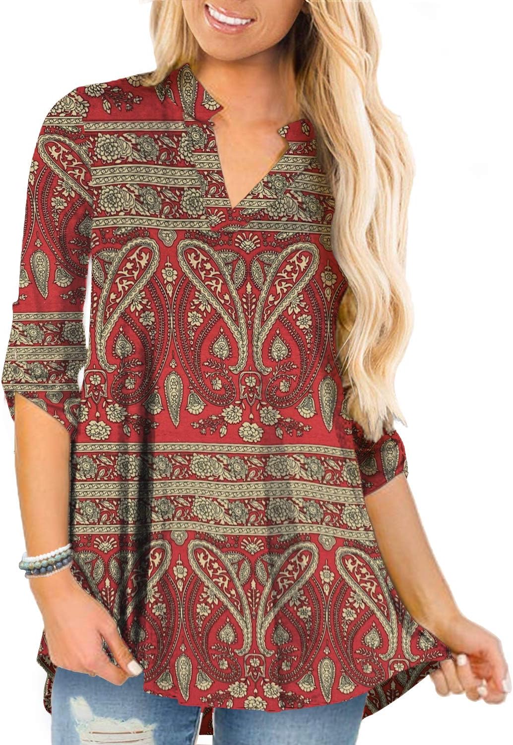 a.Jesdani Women's Plus Size Tops 3/4 Roll Sleeve Shirts V Neck Blouses Tunic Top...
