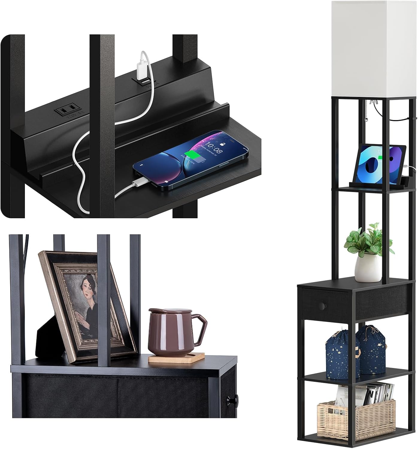 addlon Floor lamp with 2 USB, 1 Outlet and Drawer, 3 Color Temperatures LED Bulb...