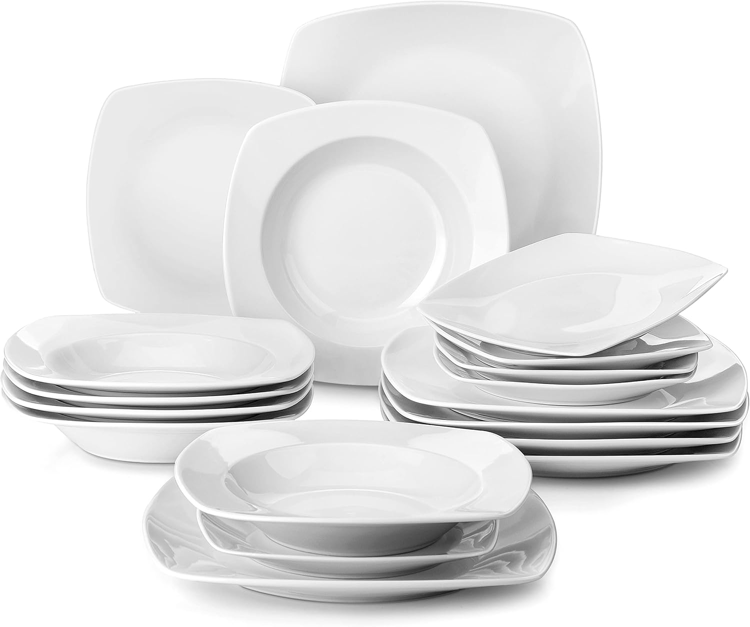 MALACASA, Series Julia, 18-Piece Dinner Sets Ivory White Porcelain Square Dinner...