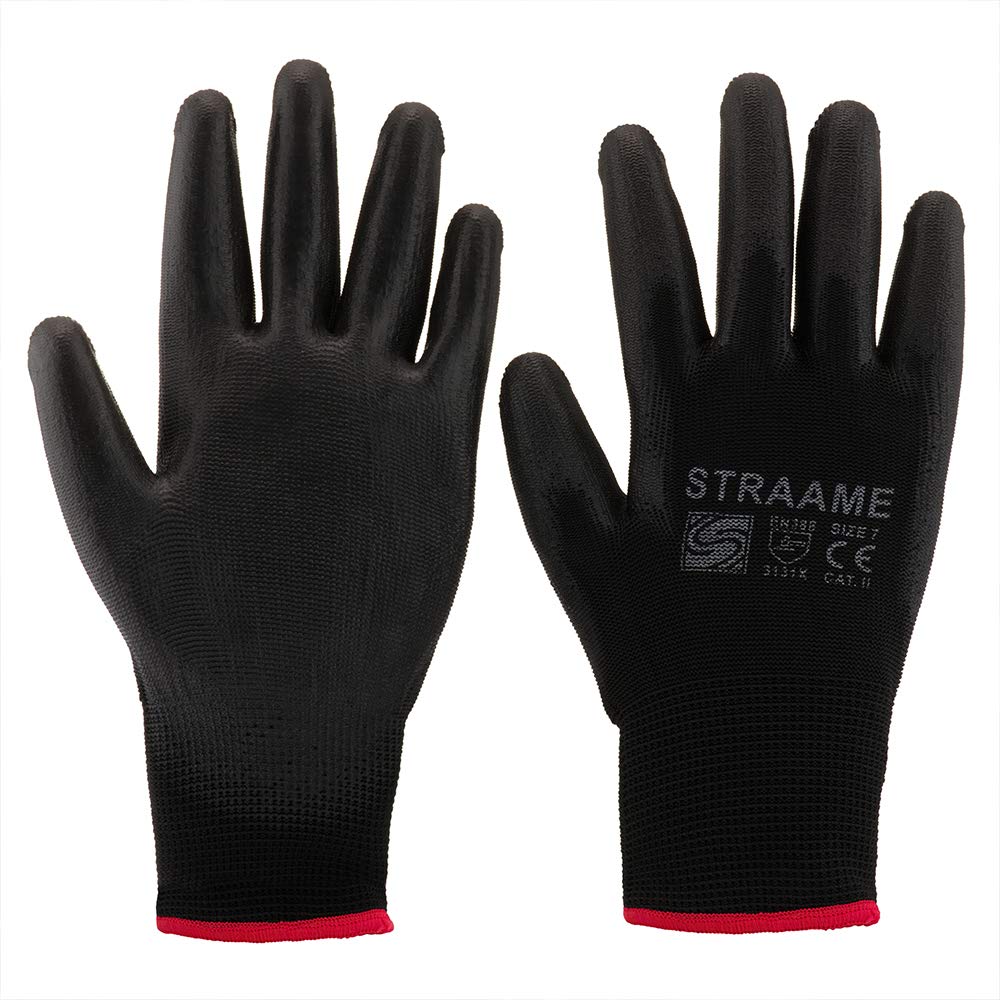 Straame Pack of 12 or 24 Black Safety Work Gloves, Outdoors PU and Nylon Non-Sli...